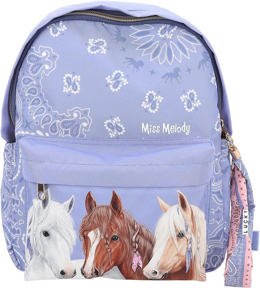 Depesche 12761 Miss Melody Bandana - Backpack in Smoke Blue with Horse Motif and Bandana Pattern, Bag with Adjustable Shoulder Straps