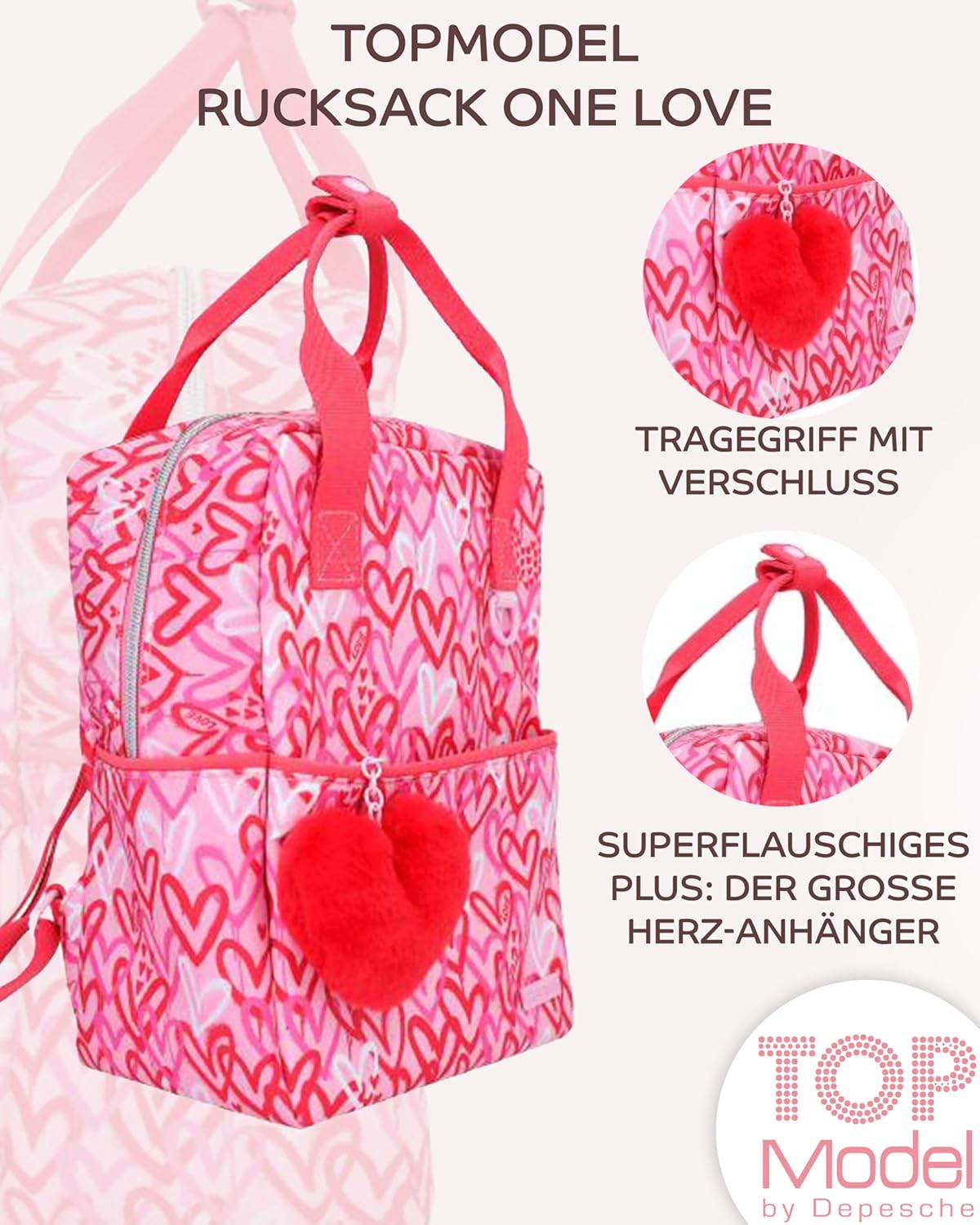 Depesche TOPModel One Love + TopModel Backpack Heart Shape One Love - Perfect Accessory Duo with Charming Heart Design for School and Everyday Life, Ideal for Stylish Girls, multicoloured