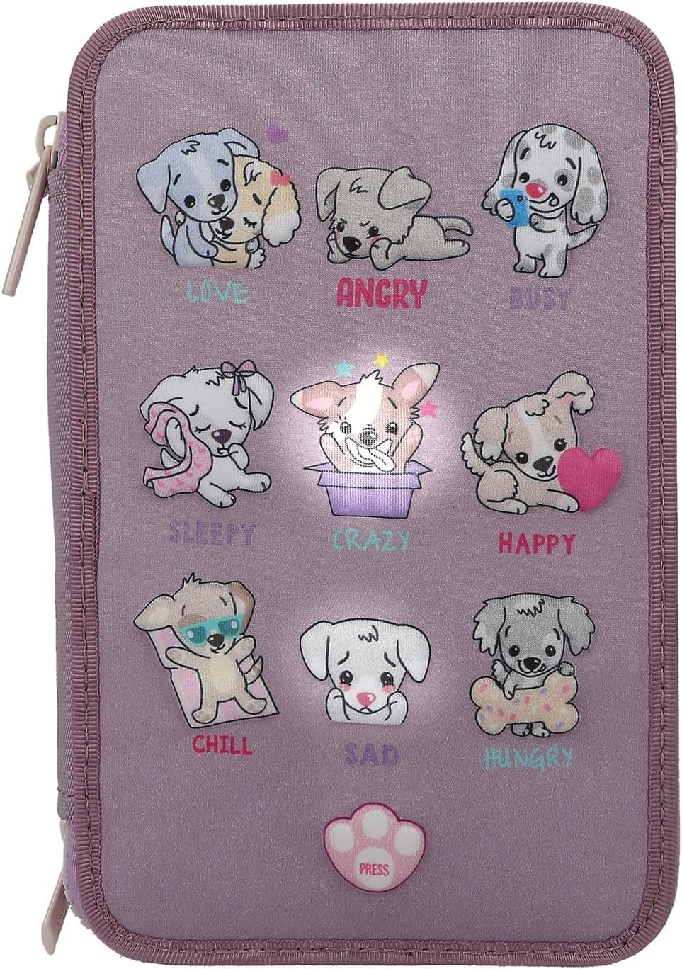 Depesche 12843 TOPModel - Filled 3-Compartment Pencil Case in Purple, with LED and Dog Motifs, Pencil Case with Colouring Pencils, Ruler, Scissors and Much More