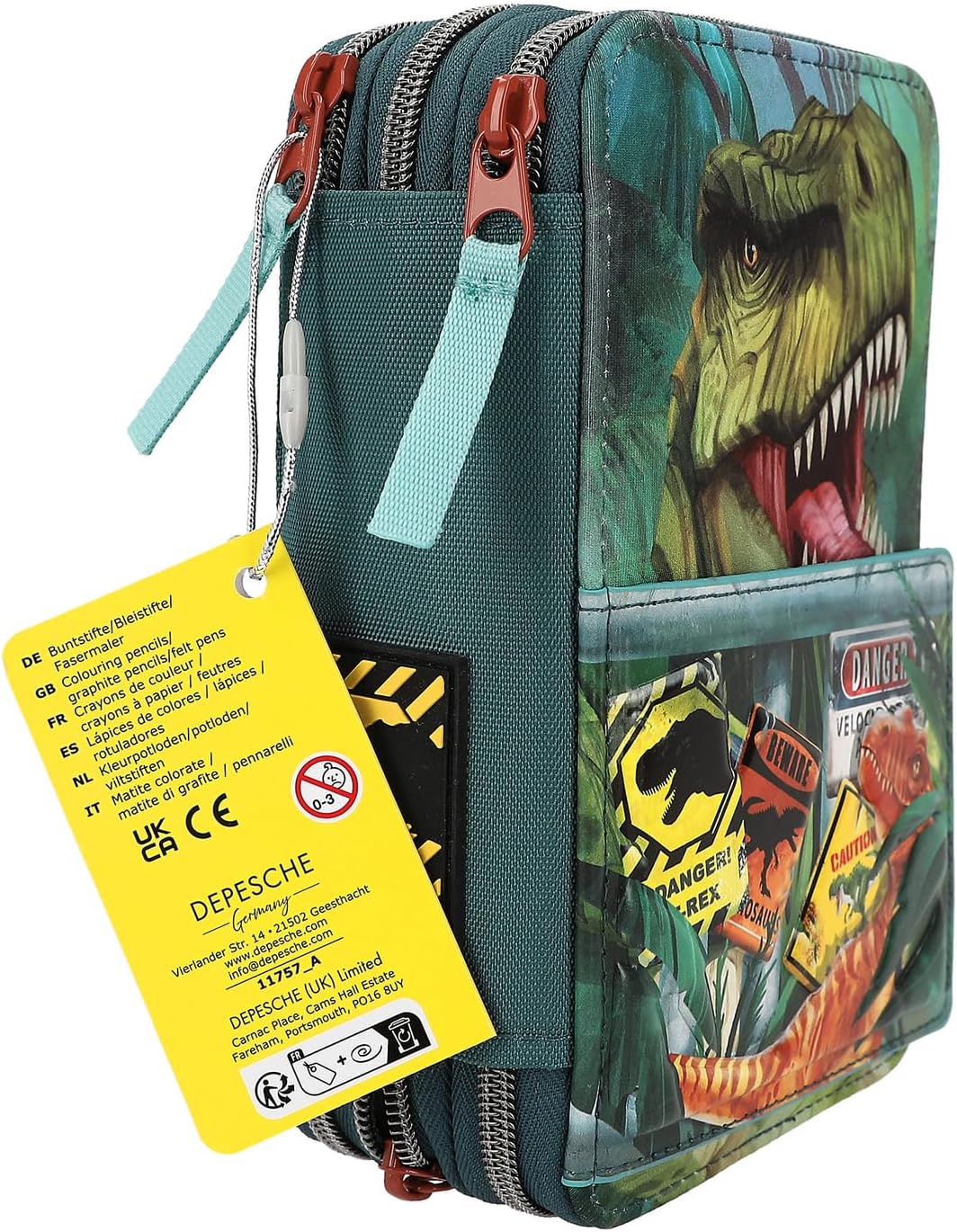 Depesche 11757 Dino World Danger-Filled 3-Compartment Pencil Case with Trex Motif, Dark Green Pencil Case with Colouring Pencils, Ruler, Scissors and Much More, Blue [Toy]