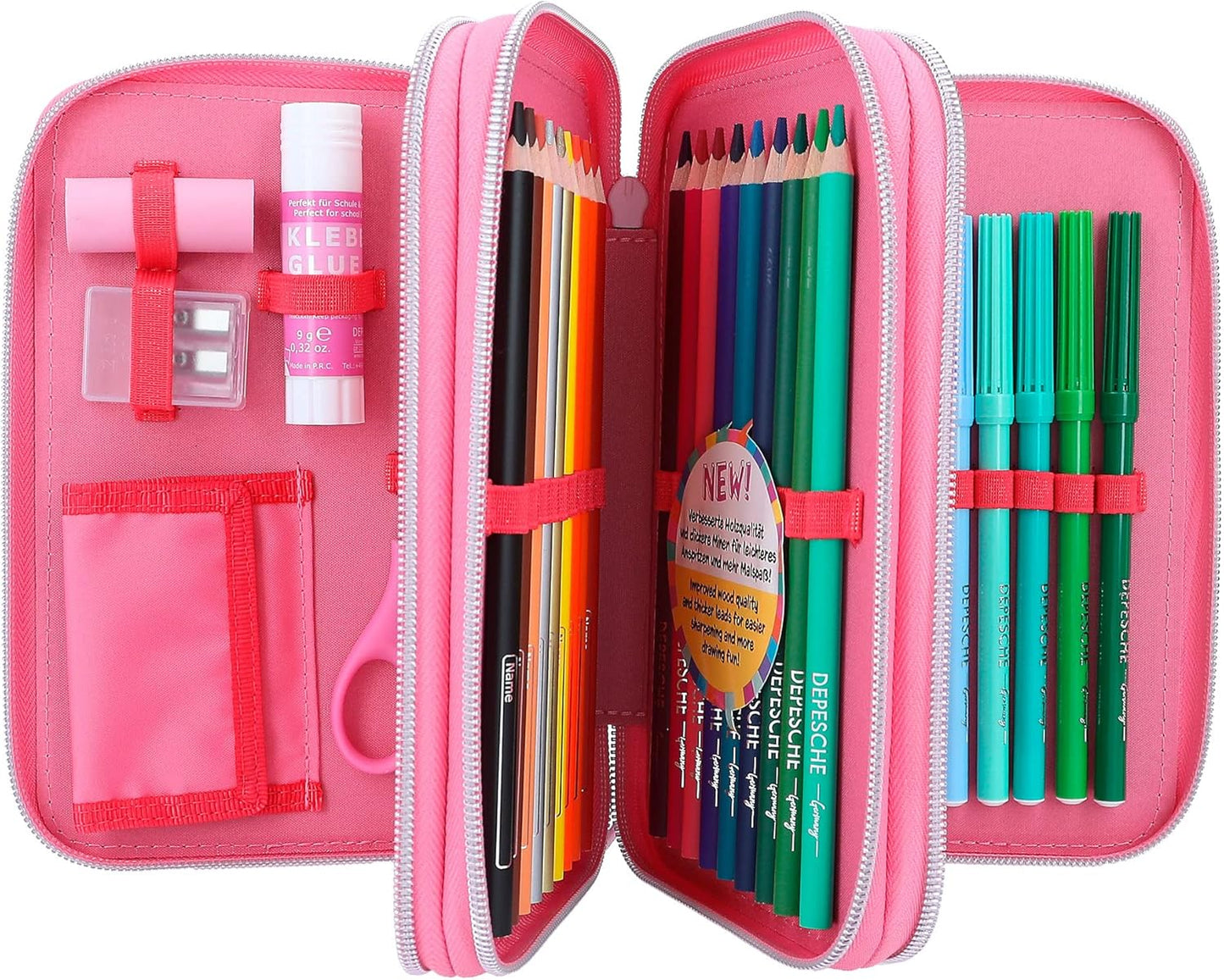 Depesche 12258 TOPModel One Love Filled 3-Compartment Pencil Case with Hearts in Red and Pink, Pencil Case with Coloured Pencils, Ruler, Scissors and Much More, Pink