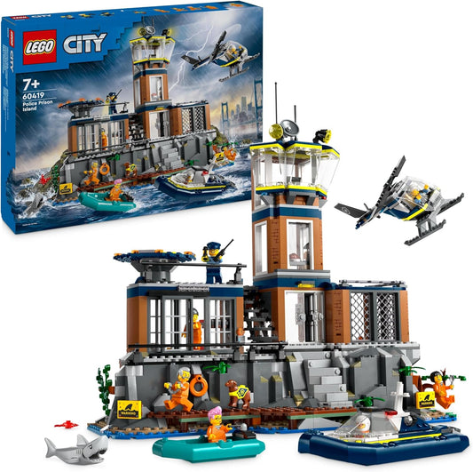 LEGO City Polizeistation auf der Gefängnisinsel, Polizei Spielzeug mit Hubschrauber, Boot und Hai, Set mit 7 Minifiguren und Hund, Geschenk zum Geburtstag für Jungen und Mädchen ab 7 Jahren 60419