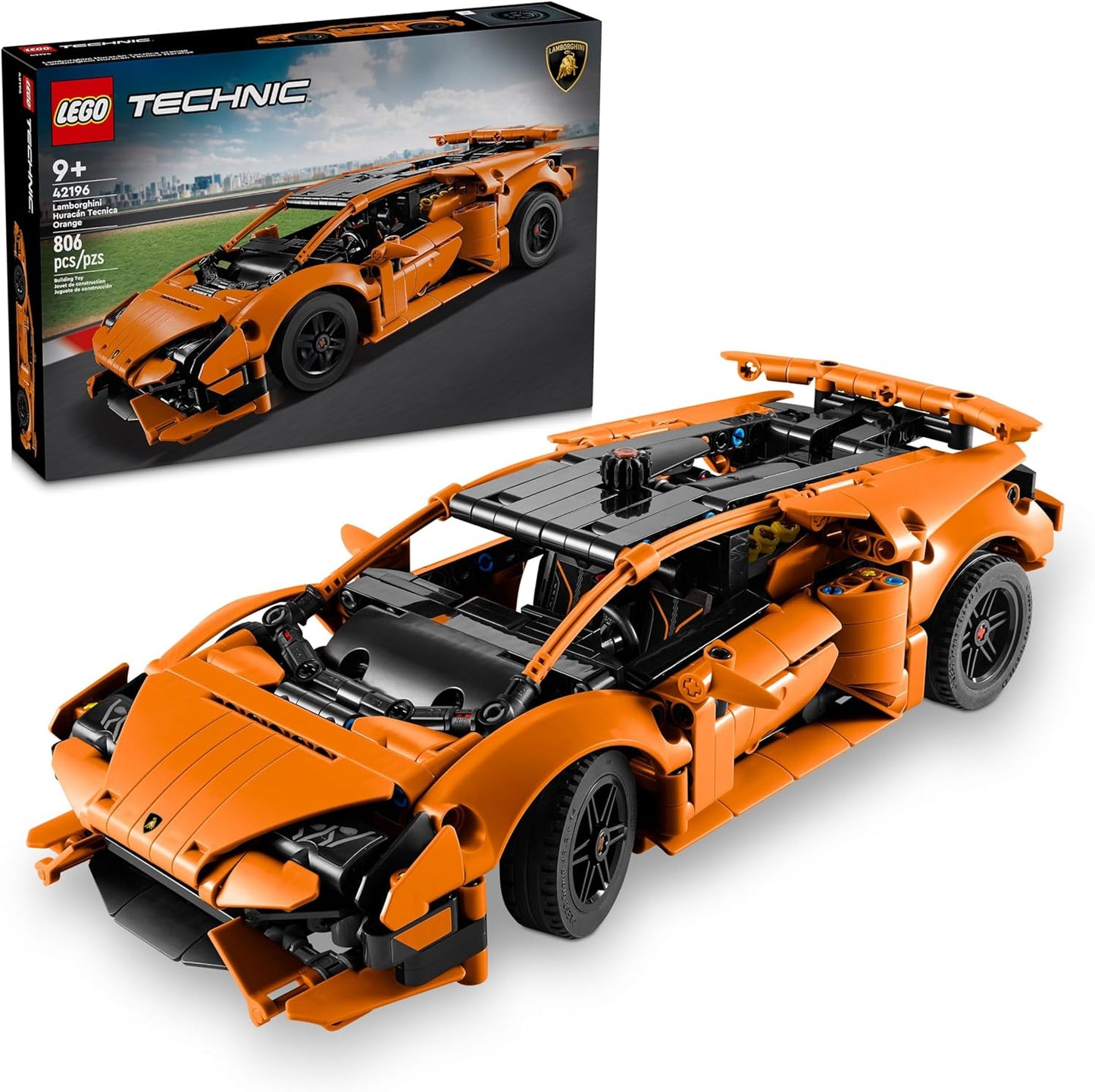 Lego Technic Lamborghini Huracán Tecnica Orange Toy Cars - Construction Toy for Children, Boys & Girls from 9 Years - Lamborghini Toy Car with V10 Motor & Steering 42196