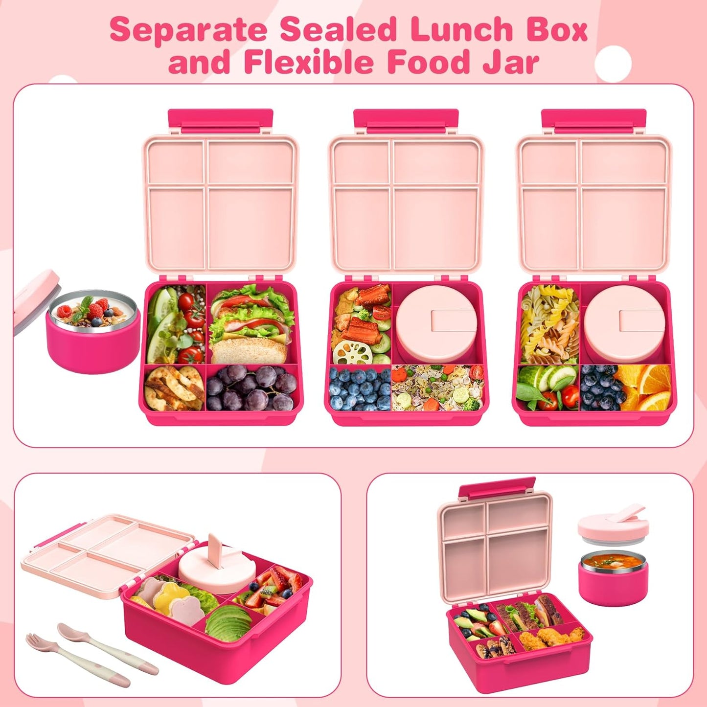 Children's Lunch Box Set with 300 ml Thermal Container for Food, Leak-Proof Lunch Box Children with 4 Compartments, Insulated Lunch Bag, BPA-Free Thermal Lunch Box Children, School, Excursions, Pink