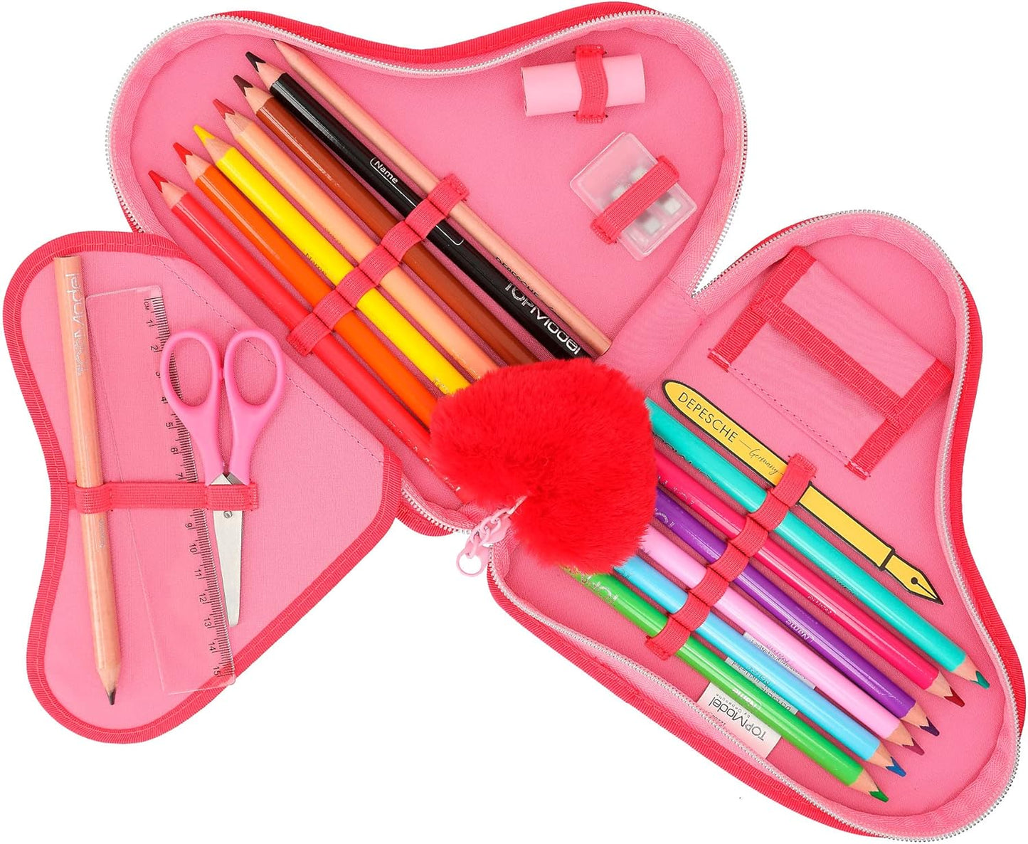 Depesche 12260 TOPModel One Love Filled Heart Pencil Case in Red with Model Motif and Glitter, Pencil Case with Coloured Pencils, Scissors, Ruler and Much More, Pink