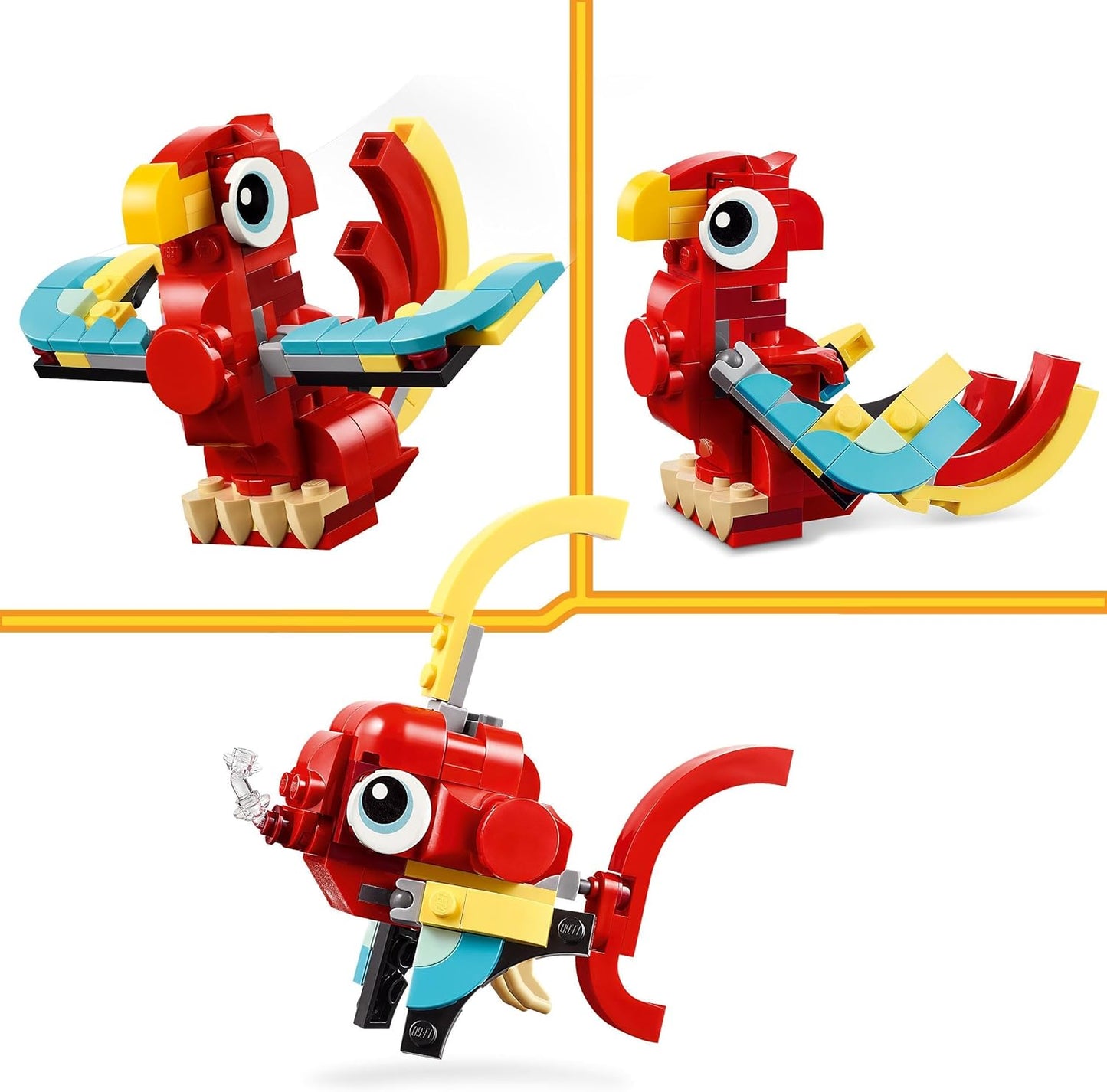 LEGO Creator 31145 3-in-1 Red Dragon, Toy with 3 Animal Figures Including Red Dragon, Fish and Phoenix, Animal Set for Children, Gift for Boys and Girls from 6 Years