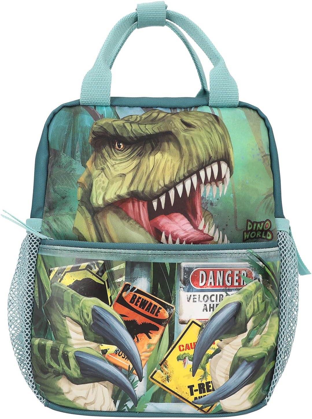 Depesche 11778 Dino World Danger Backpack for Children in Dark Green with Trex Motif, Bag with Adjustable Straps and Side Pockets