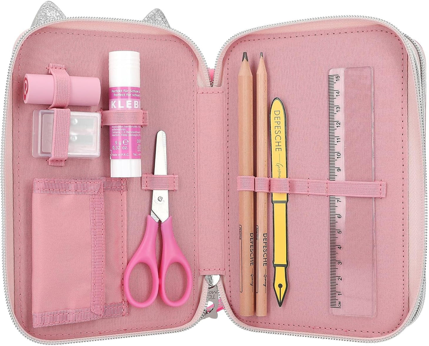 Depesche 12787 TOPModel Wild-Filled 3-Compartment Pencil Case in Pink, with Heart Nose and Spotted Pattern, Pencil Case with Colouring Pencils, Ruler, Scissors and Much More