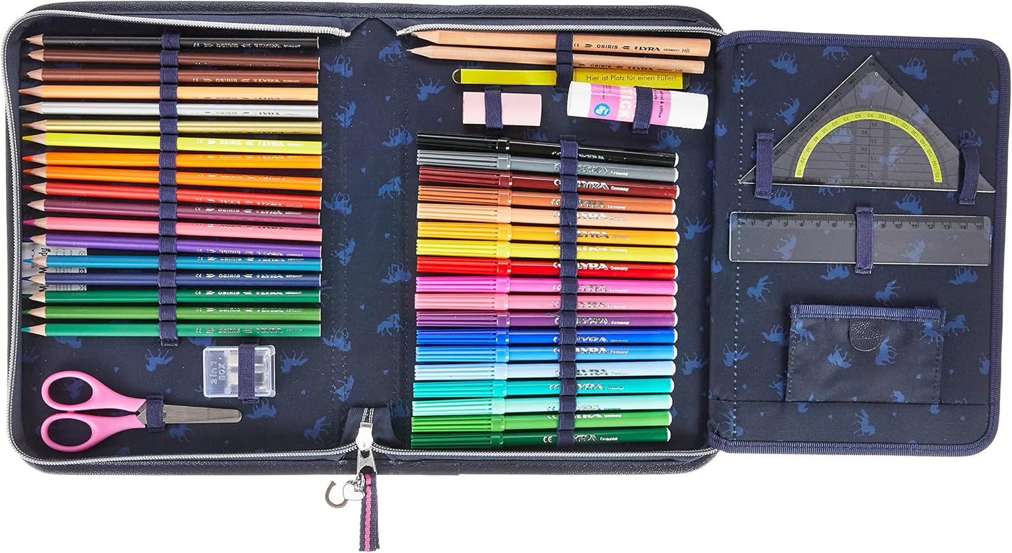 Depesche 10584 Miss Melody XXL Pencil Case with Dreamlike Horse Motif, Extra Large Pencil Case Filled with Pens, Sharpener, Eraser, Scissors, Ruler and Set Square, Approx. 28 x 20 x 4.5 cm