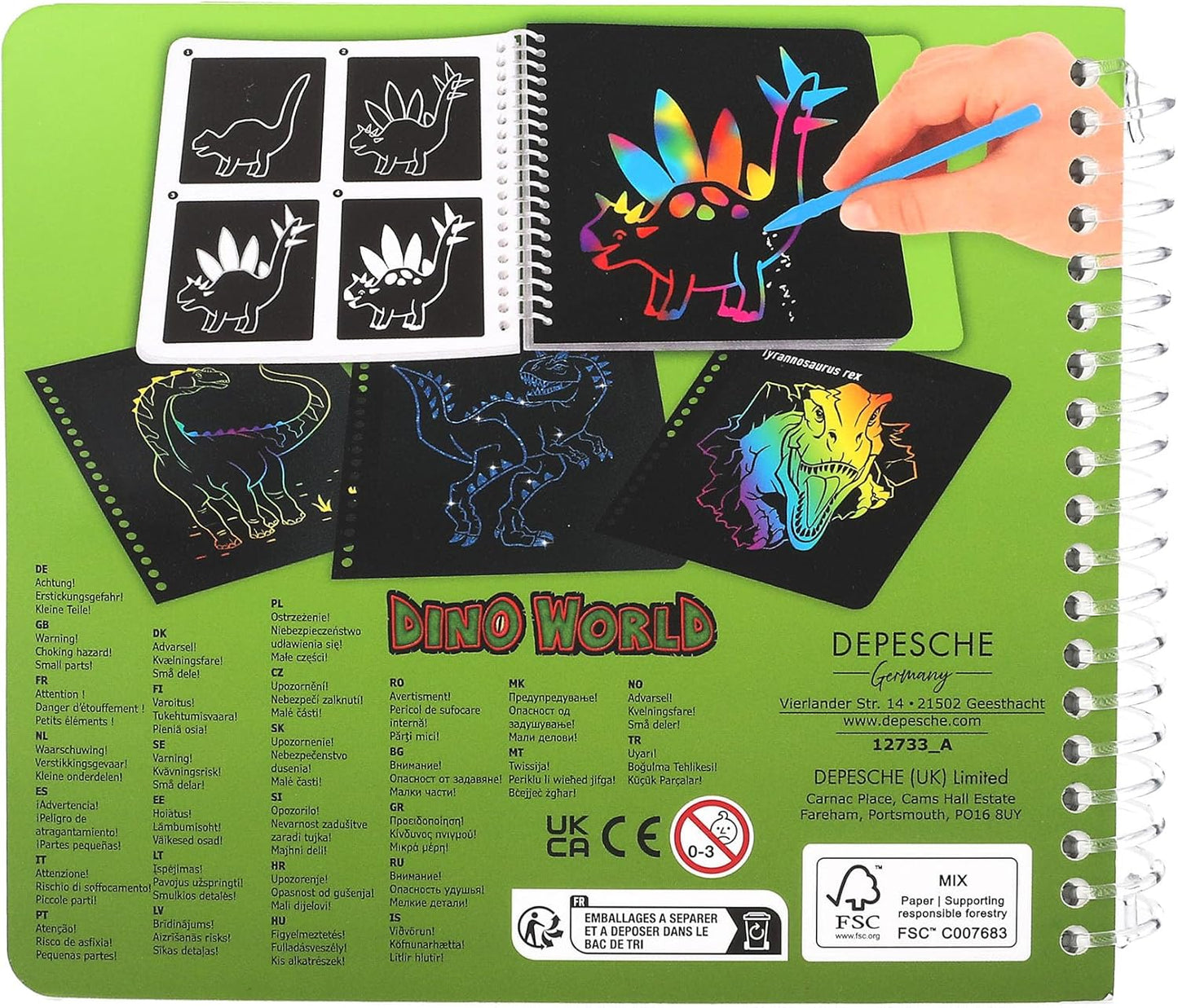 Depesche 12733 Dino World Mini Magic Scratch Book with Cool Dinosaur Motifs for Scratching, Book with Colourful Gradient and Scratch Pen