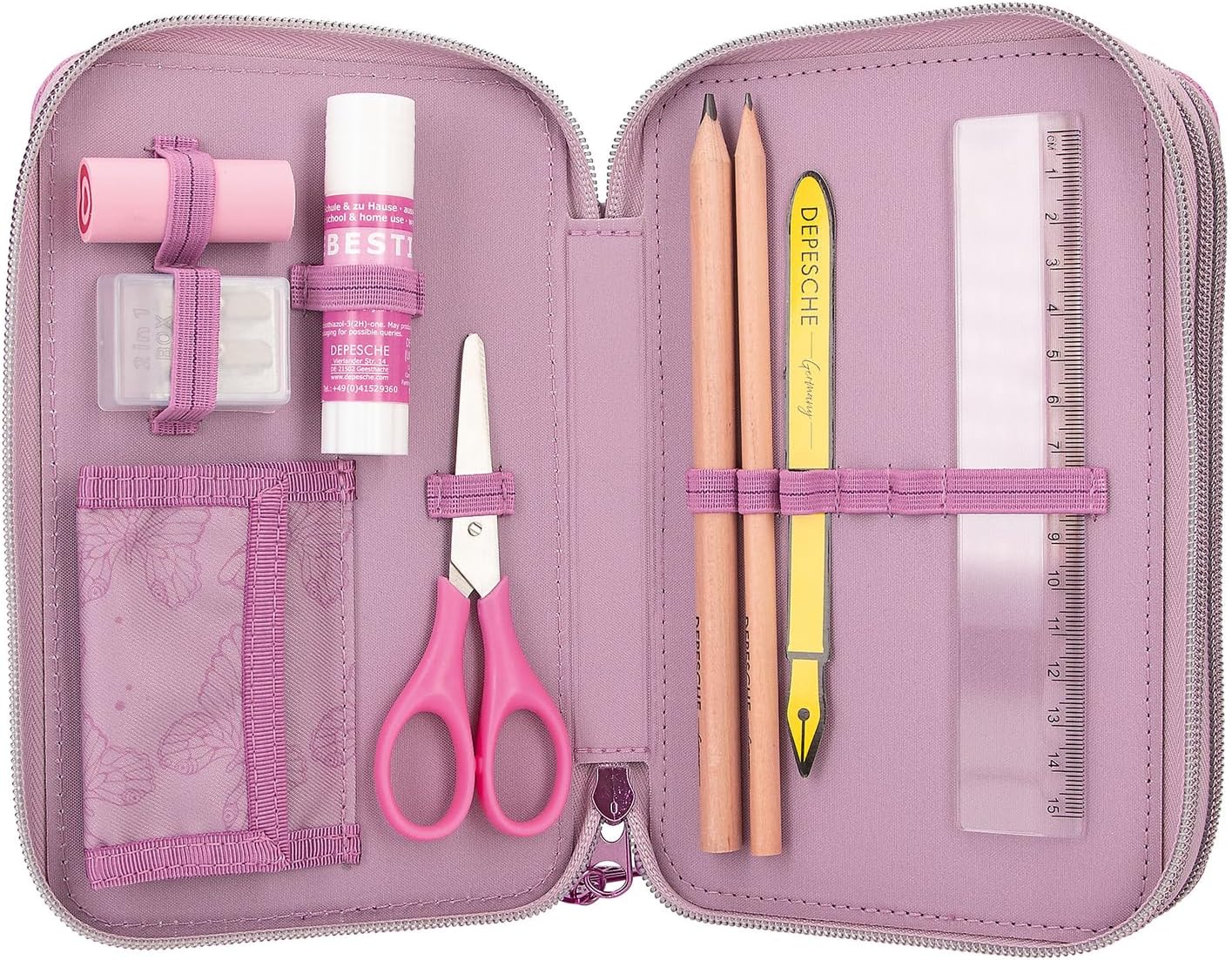 Depesche 12775 TOPModel Fairy Love - Filled 3-Compartment Pencil Case in Mauve with Model Motif and Butterflies, Pencil Case with Colouring Pencils, Ruler and much more