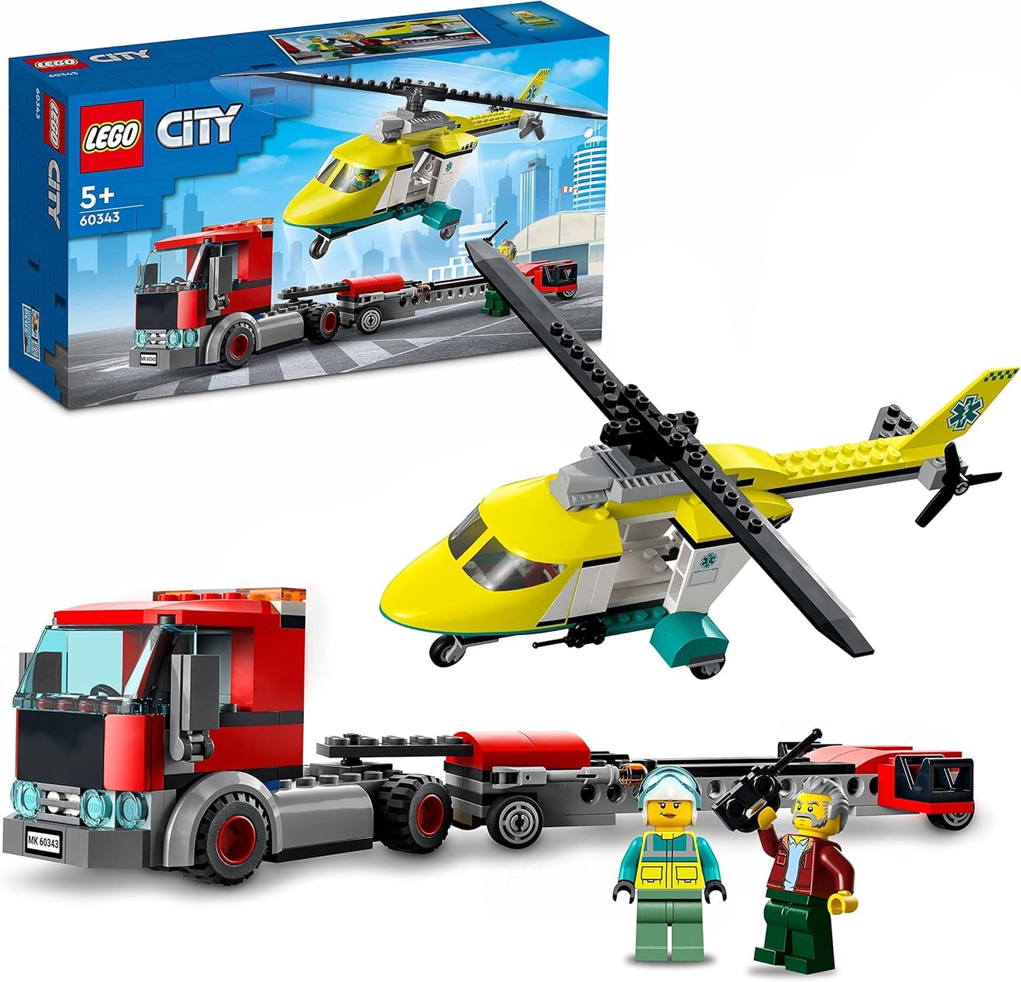 LEGO 60343 City Helicopter Transporter, Toy from 5 Years with Truck, Rescue Helicopter and Mini Figures, Gift Idea for Boys and Girls