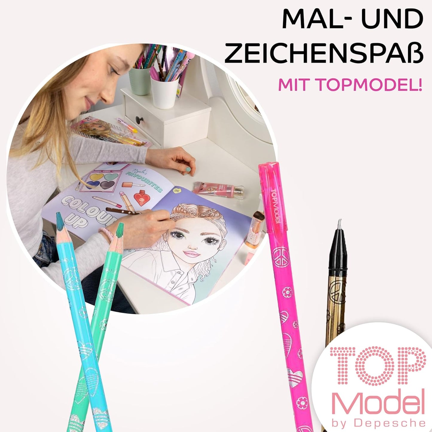 TOPModel Colouring Book Set + TOPModel Beauty Fun Colouring Book: Ultimate Creative Set for Fashion Enthusiastic Girls - with 10 Colouring Pencils, 4 Gel Pens (Gold, Silver, Pink, Purple), 1 Eraser