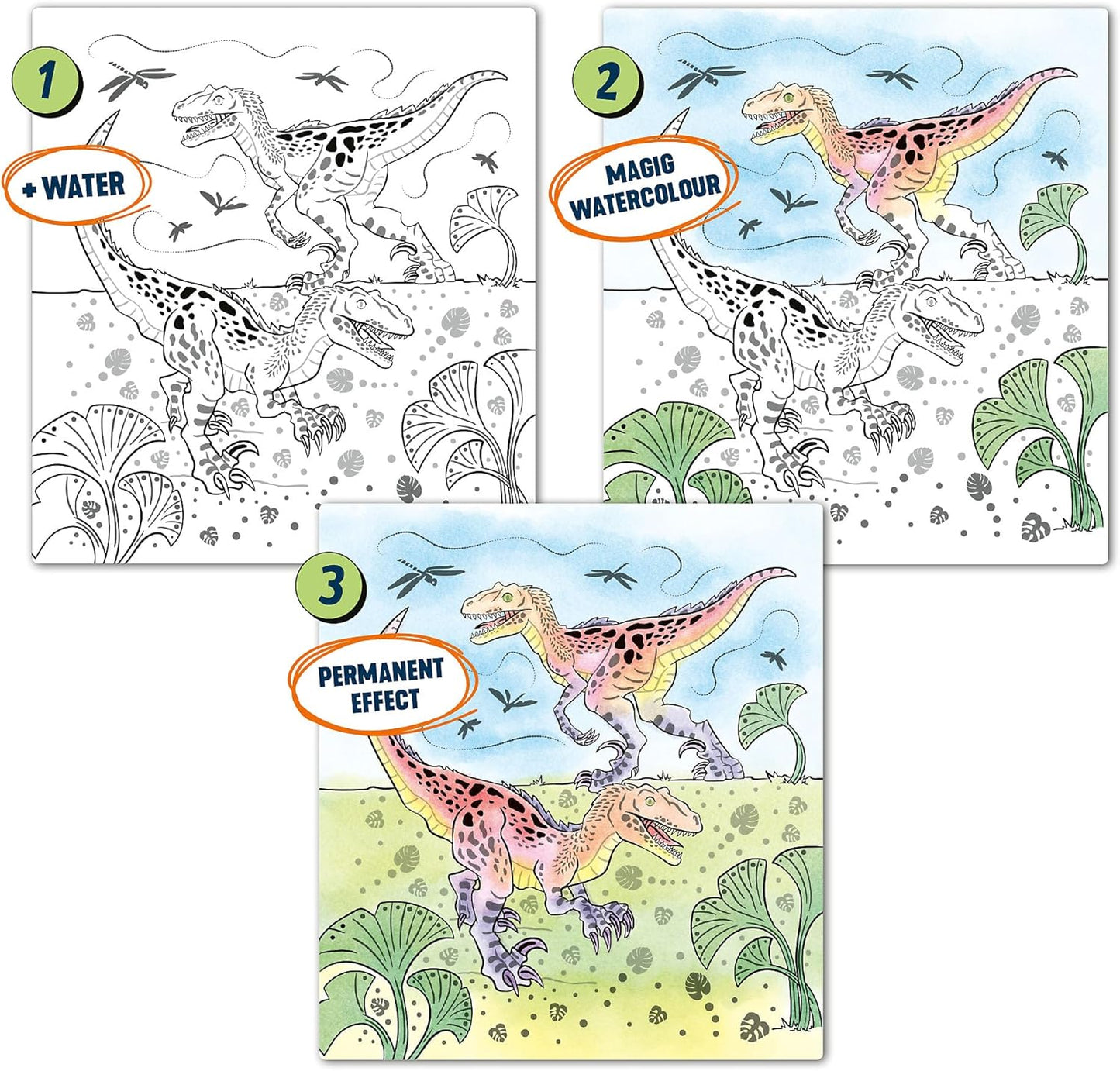 Depesche 12578 Dino World Watercolour Book, Colouring Book with Brush and 15 Horse Motifs for Painting with Water