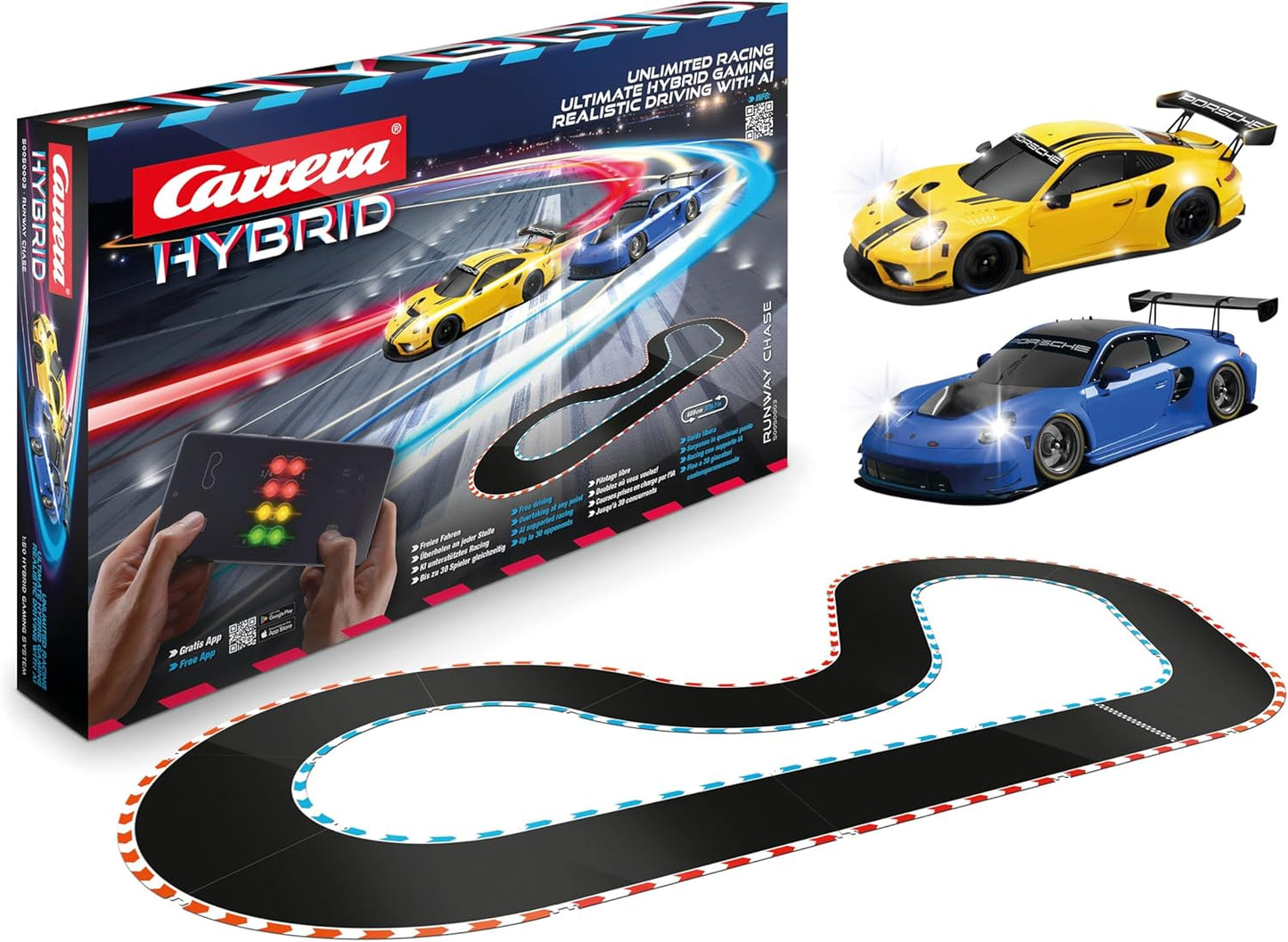 Carrera Hybrid Runway Chase - Racing Fun of the New Generation - Legendary Porsche 911 GT3 R in 1:50 Scale - Hybrid Technology with AI Support - Control via Smartphone App - Amazon Exclusive