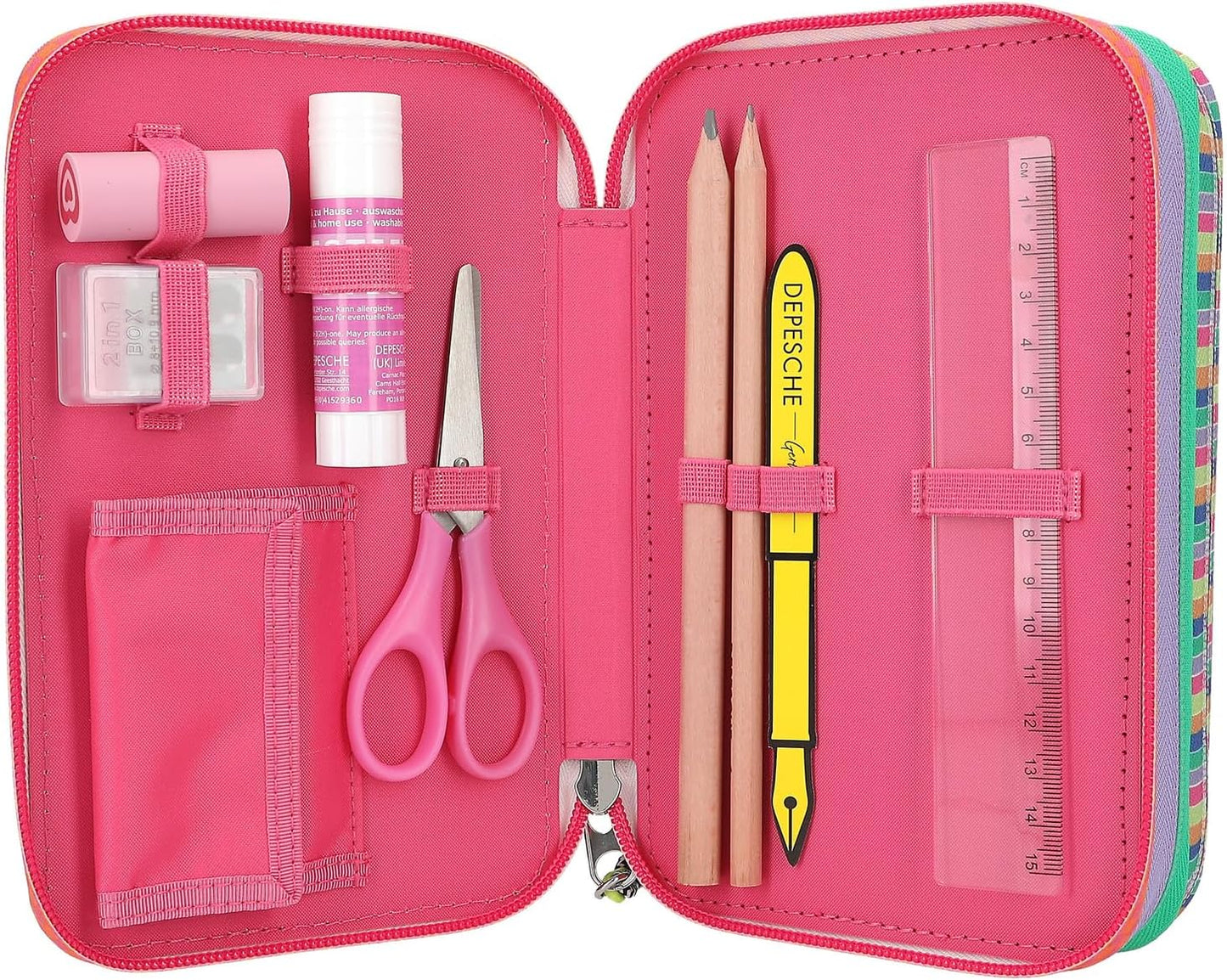 Depesche TOPModel Joy 12910 Filled 3-Compartment Pencil Case in Pink with Model Motif and Pendant, Pencil Case with Colouring Pencils, Ruler, Scissors and much more