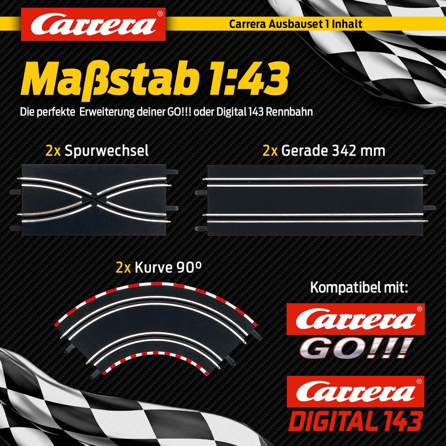 Carrera Extension Set 1, 6-Piece Extension for GO!!! Carrera Tracks, Compatible with Carrera GO!!! (Plus) & Digital 143, 2x Curves (1/90 Degrees), 2x Lane Change Tracks, 2x Straight Sections, 342 mm