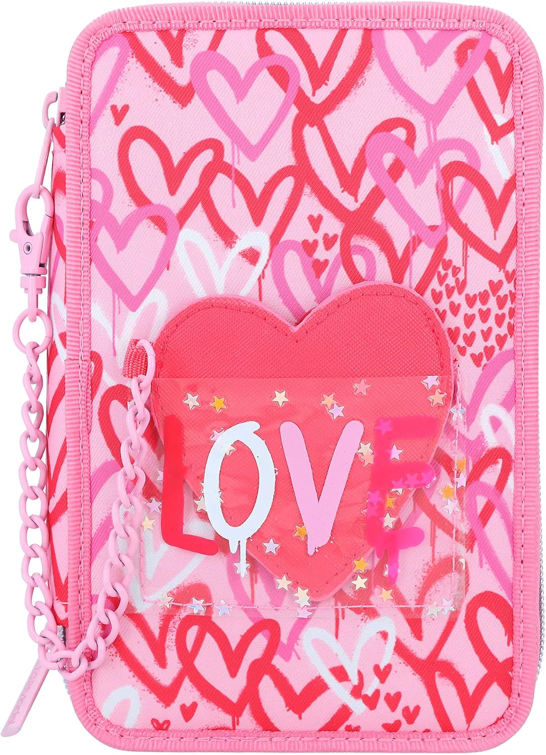 Depesche 12258 TOPModel One Love Filled 3-Compartment Pencil Case with Hearts in Red and Pink, Pencil Case with Coloured Pencils, Ruler, Scissors and Much More, Pink