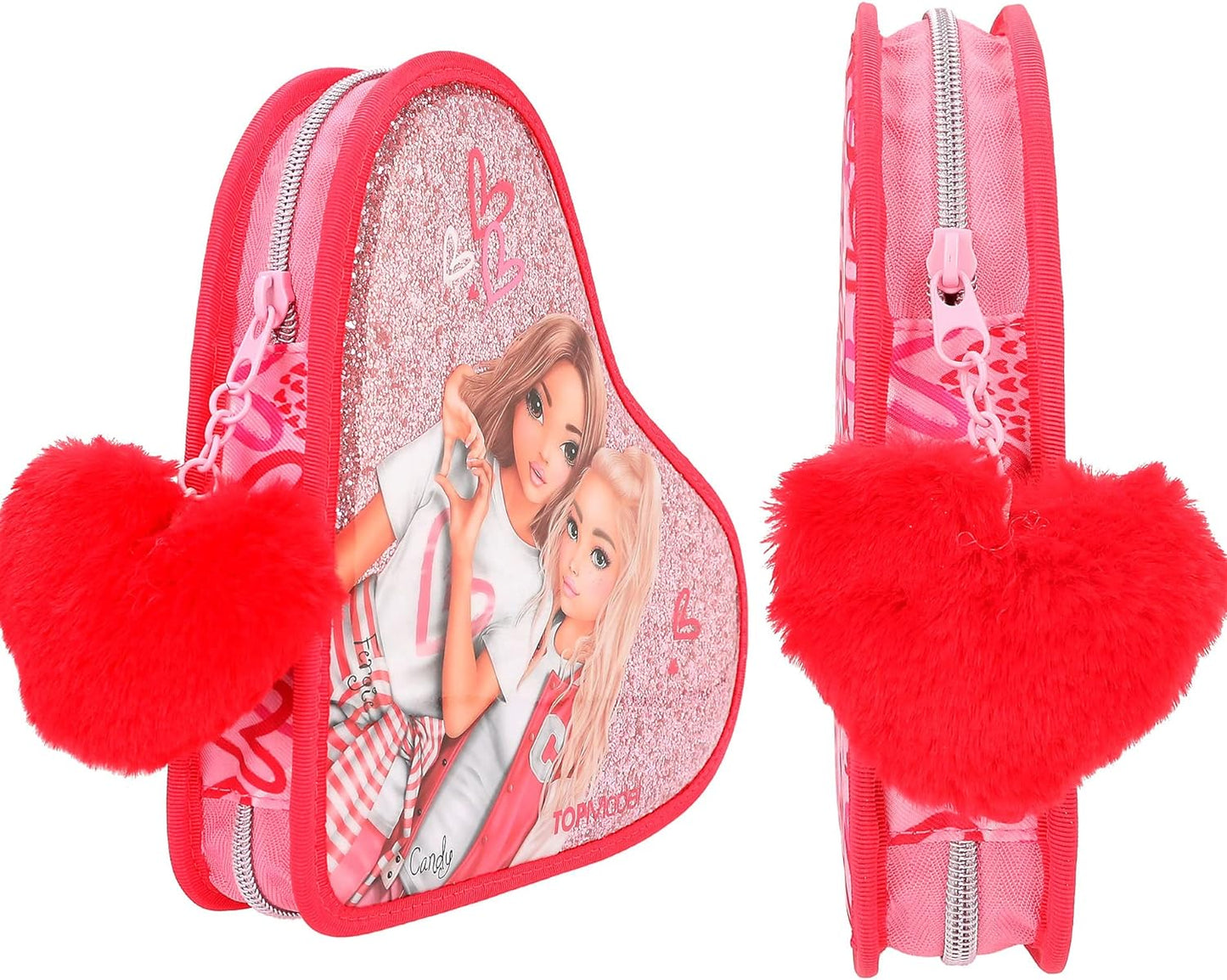 Depesche 12260 TOPModel One Love Filled Heart Pencil Case in Red with Model Motif and Glitter, Pencil Case with Coloured Pencils, Scissors, Ruler and Much More, Pink