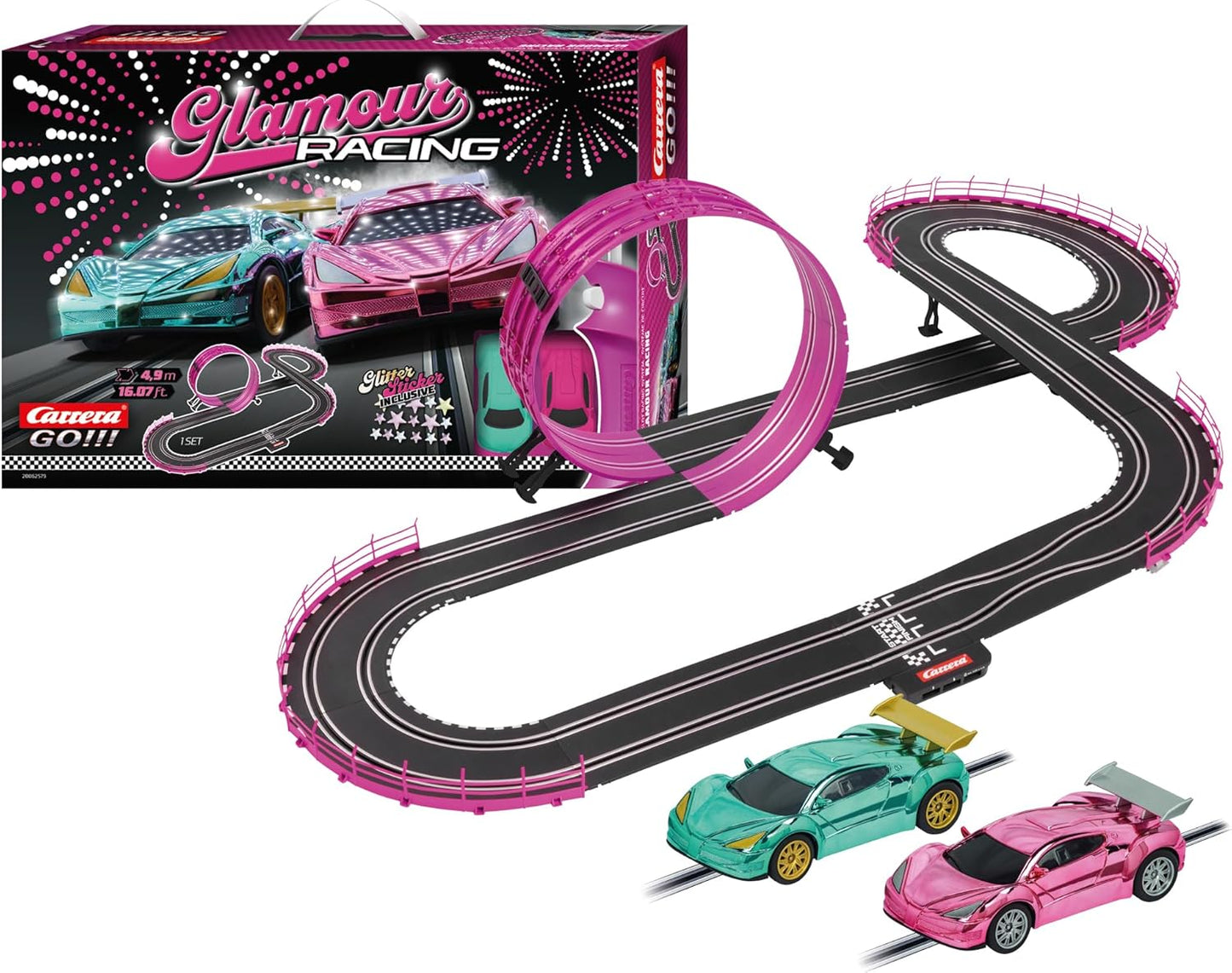 Carrera - 20062579 - Carrera GO!!! Pink Action Racing Race Track Set I Racing Track with Licensed Slot Cars | Up to 2 Players | For Children from 6 Years and Adults