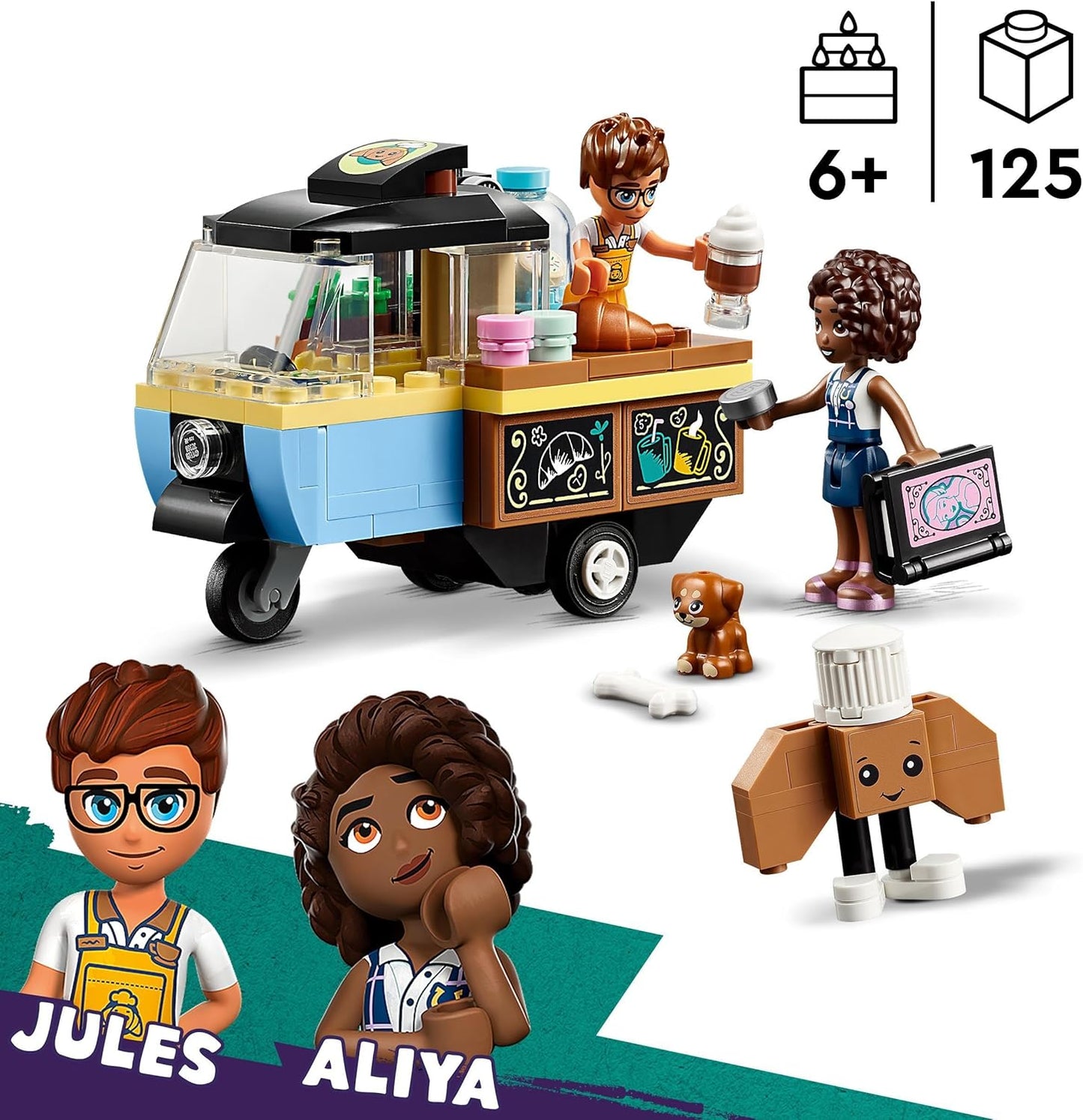 LEGO Friends Rolling Café, Small Bakery Toy for Children, Gift for Girls and Boys from 6 Years, Educational Toy with Aliya, Jules and the Dog Aira 42606