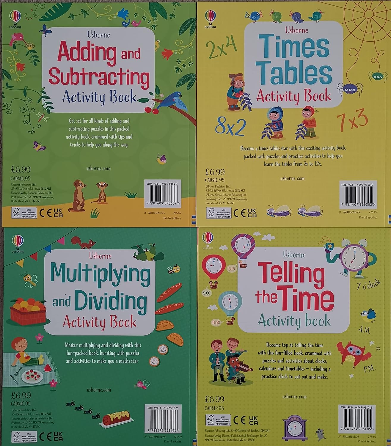 Children Usborne Educational Workbooks 4 books set Addition subtraction Times Tables Telling the Time Multiplying dividing KS1 KS2 boys Girls paperback Ages 5+