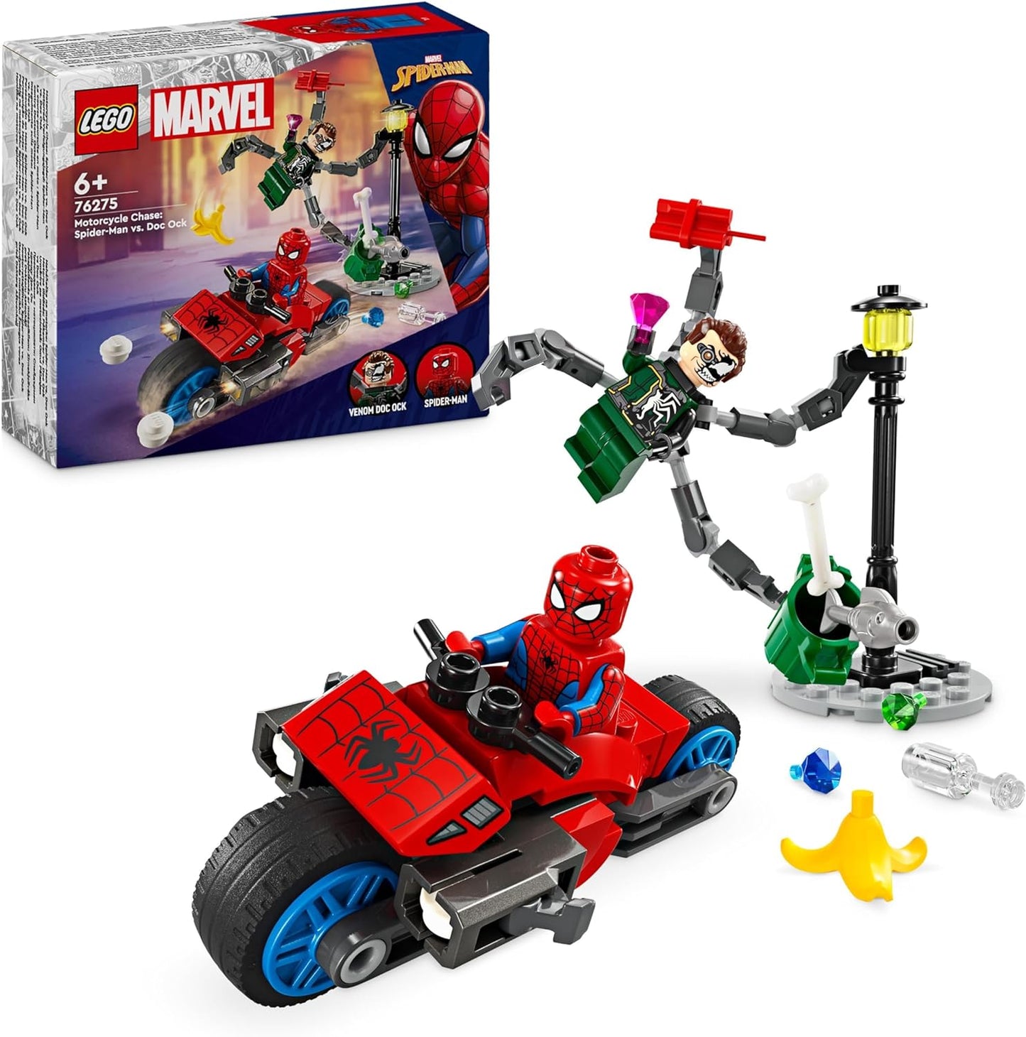 LEGO Marvel Motorcycle Chase: Spider-Man vs. Doc Ock, 76275 Superhero Toy for Kids with Figures, Shooters and Web Shooter, Great Gift for Boys and Girls from 6 Years