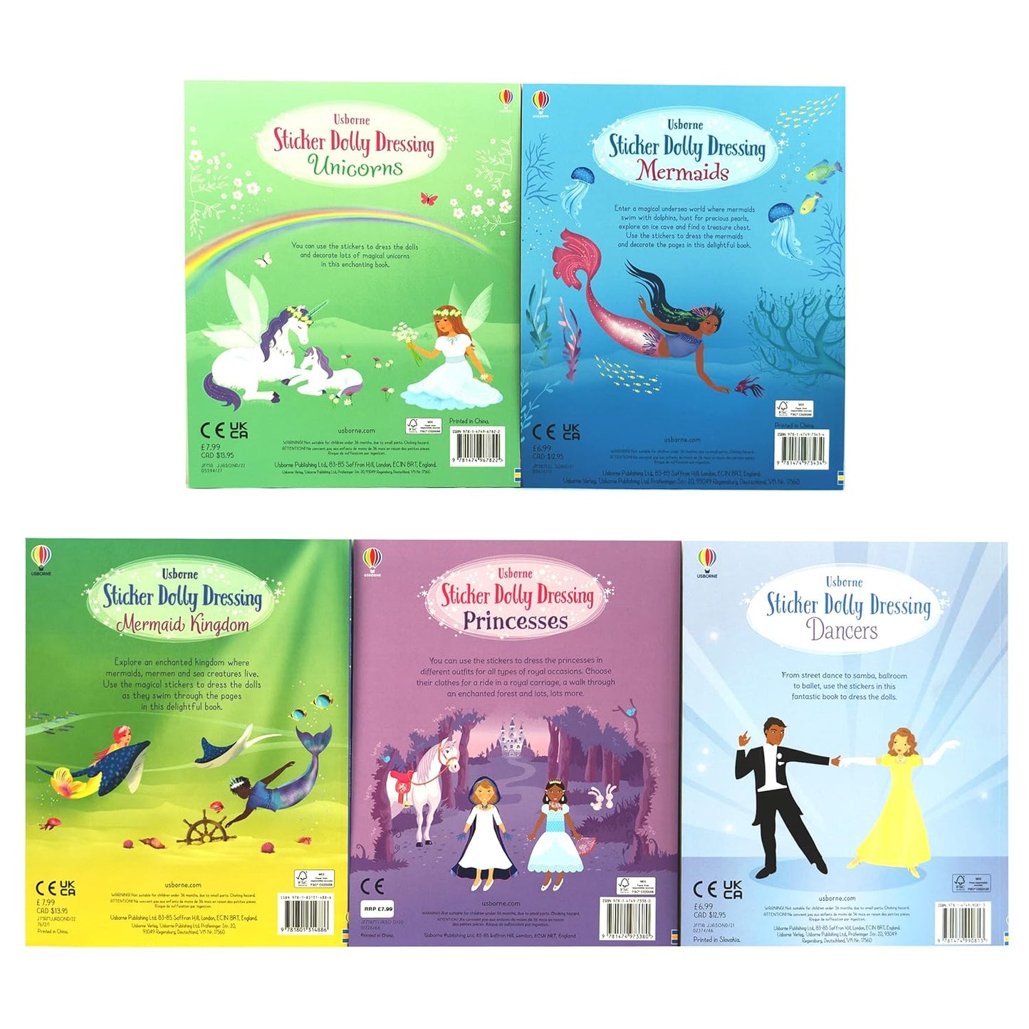 Usborne Sticker Dolly Dressing 5 Books Set (Sticker Dolly Dressing Unicorns, Sticker Dolly Dressing Mermaids, Sticker Dolly Dressing Princesses, Sticker Dolly Dressing Dancers & Mermaid Kingdom)