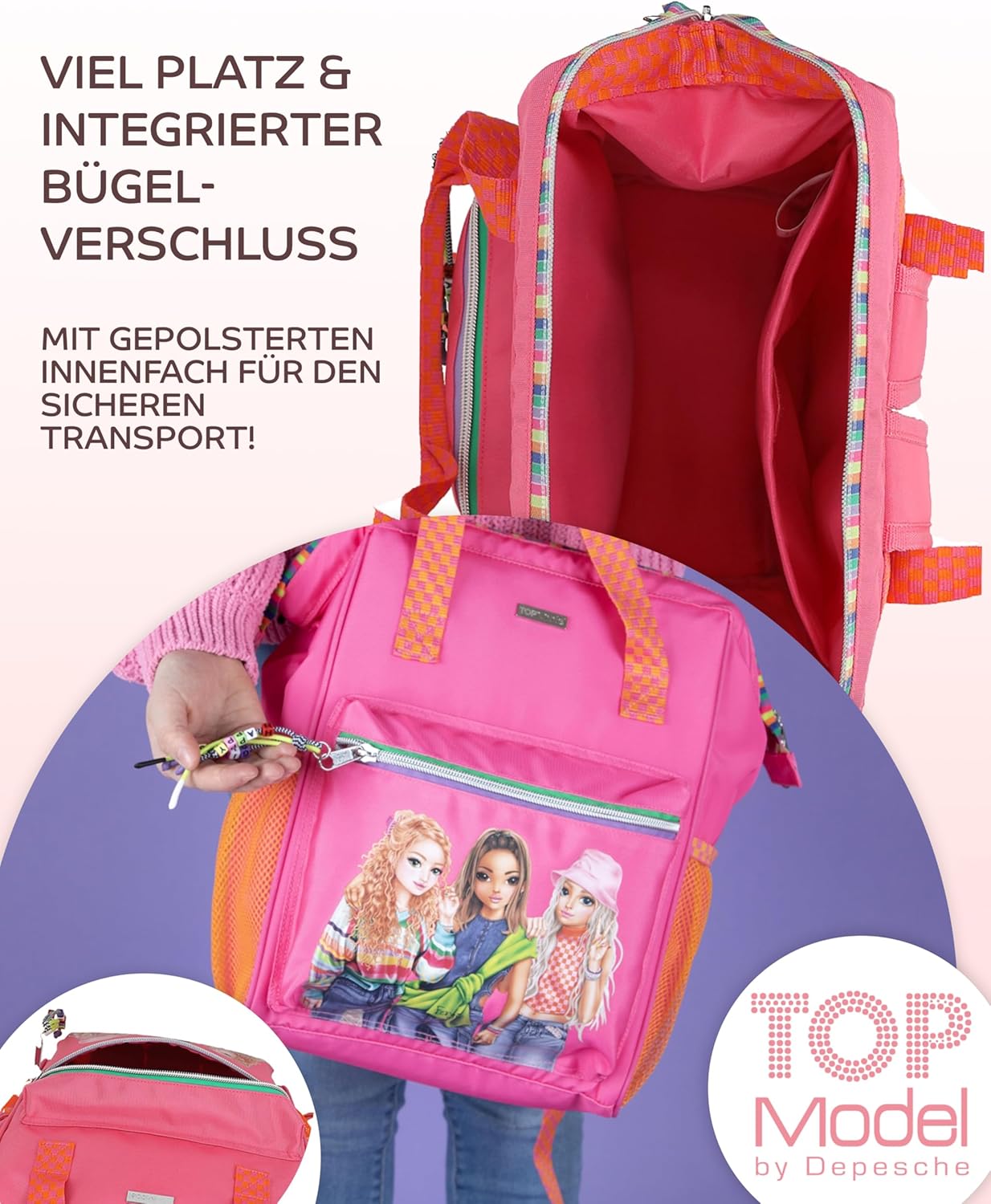 Depesche TOPModel Joy Backpack, Pink and Orange, Model Motif, Colourful Details, Adjustable Straps and TOPModel Timetable and Colouring Sheet, Pink, orange