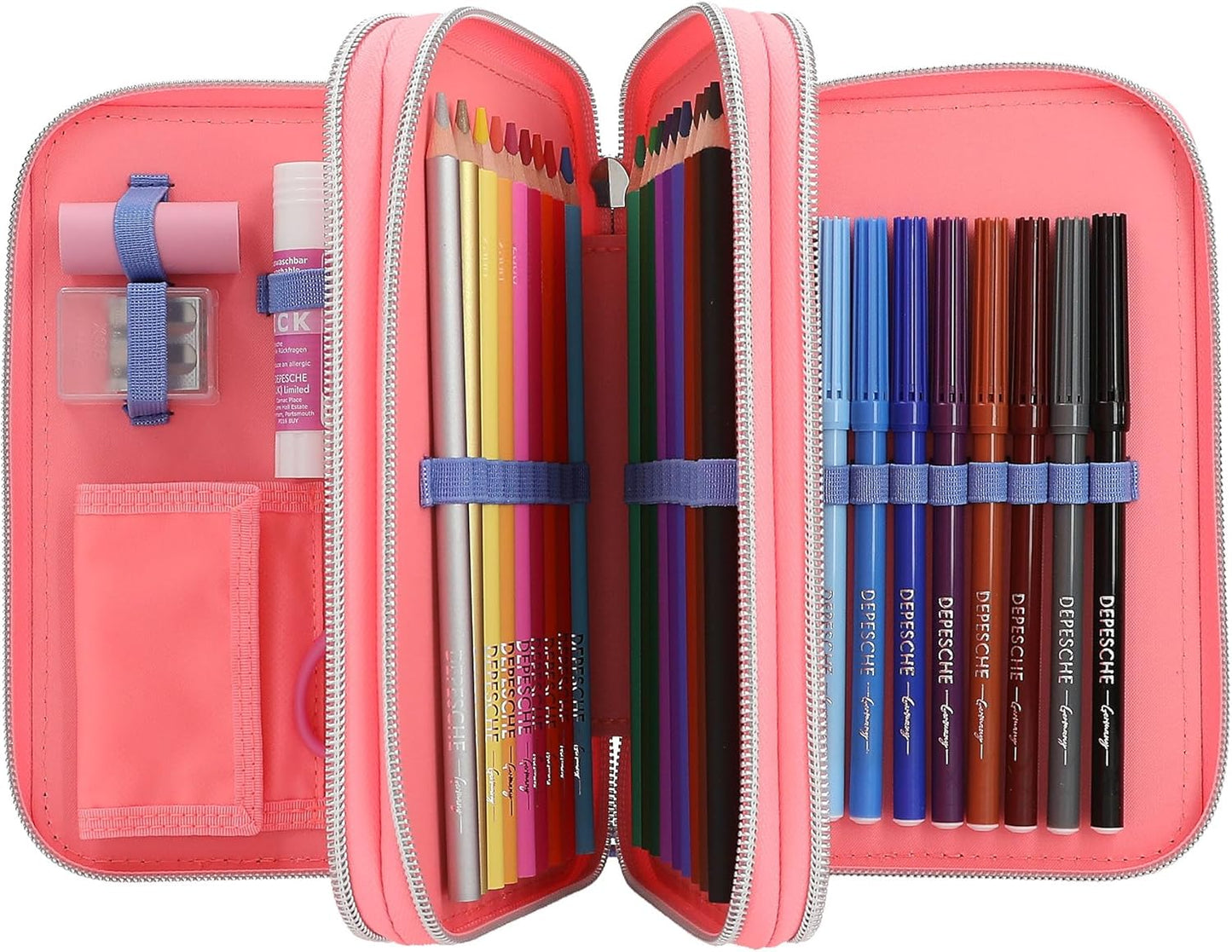 Depesche TOPModel 12950 Filled 3-Compartment Pencil Case in Pink, with Model Motif and Reversible Sequins, Pencil Case with Colouring Pencils, Ruler, Scissors and much more