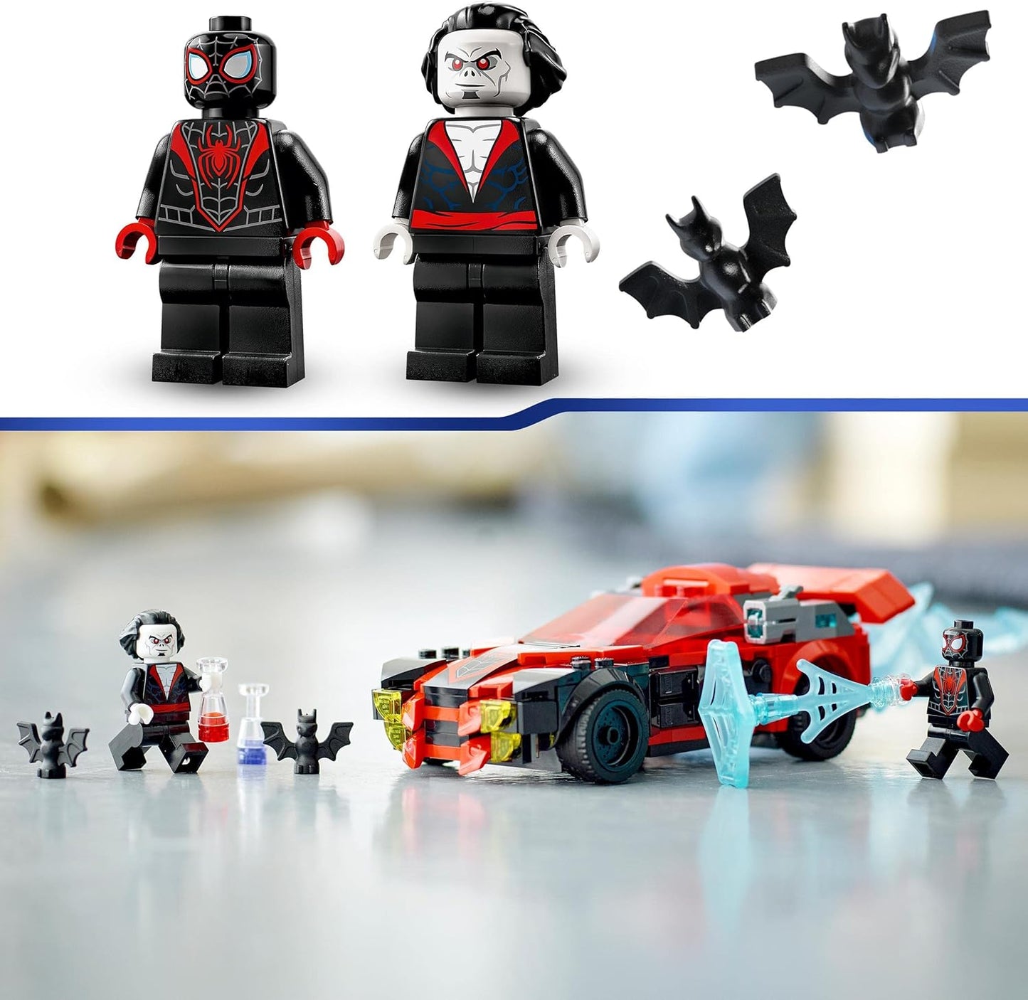 LEGO Marvel Miles Morales vs. Morbius Set, Spider-Man Racing Car Toy Car to Build from Adventure in Spiderverse with Spidey Mini Figures 76244