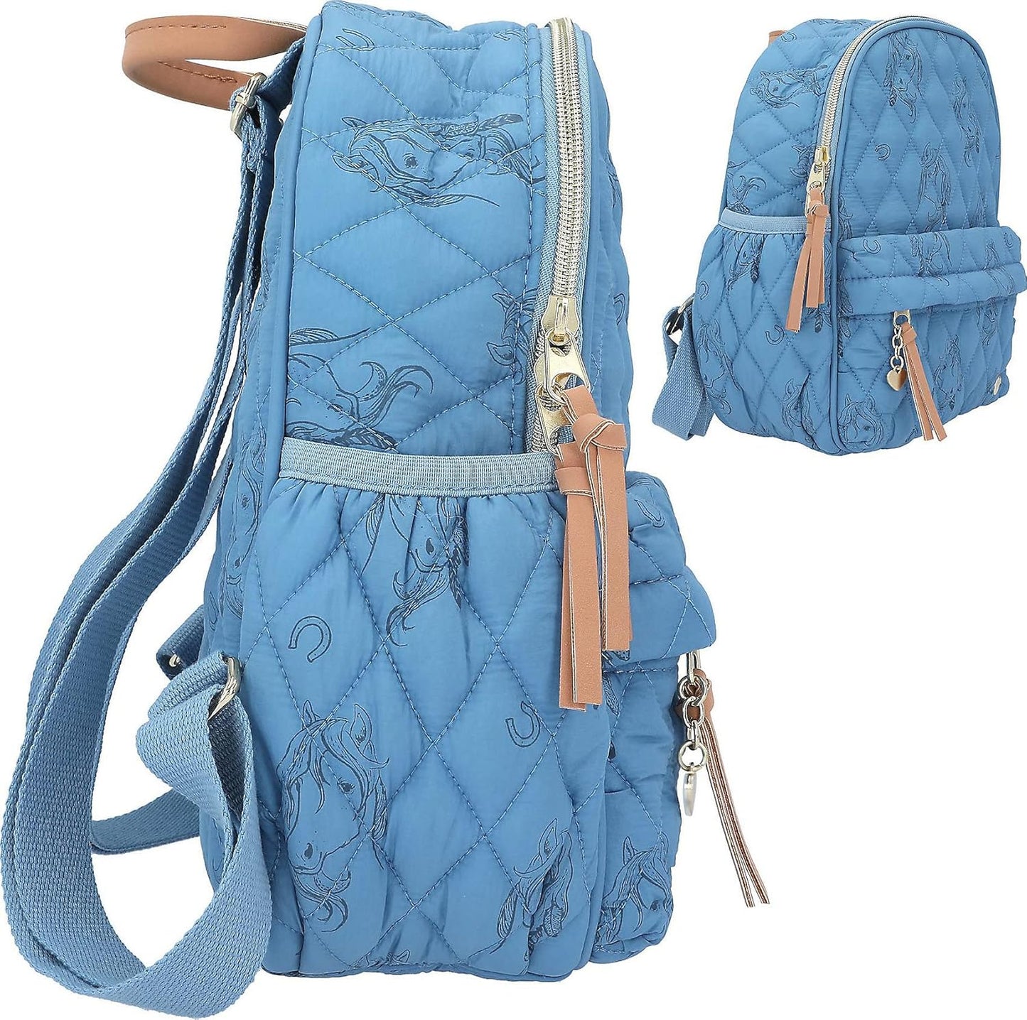 Depesche 12026 Miss Melody Blue Quilt Children's Backpack with Horse Pattern and Quilted Seam Look, Bag in Pale Blue with Adjustable Shoulder Straps