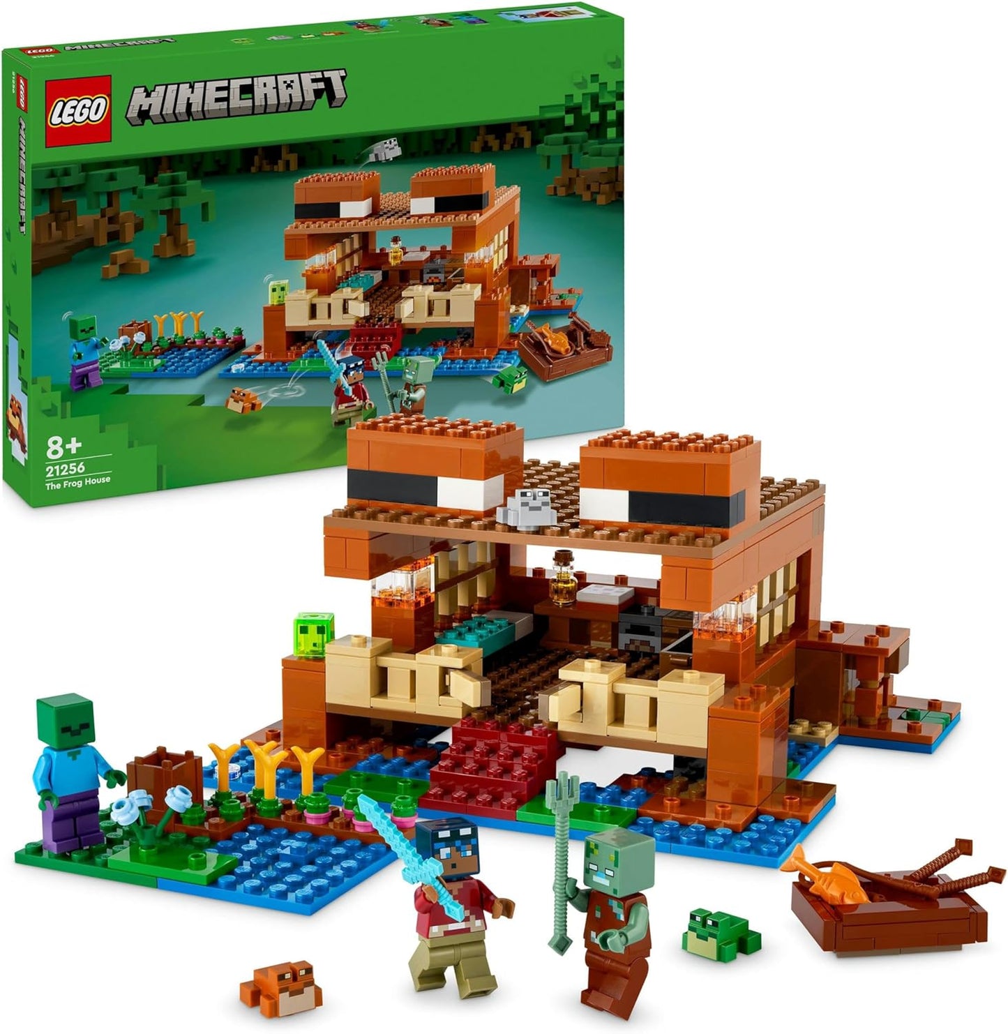 LEGO Minecraft The Frog House, Toy House with Figures Including Zombie, Slime and Drowner, Plus Accessories such as Toy Boat and Workbench, Gift for Boys and Girls from 8 Years 21256