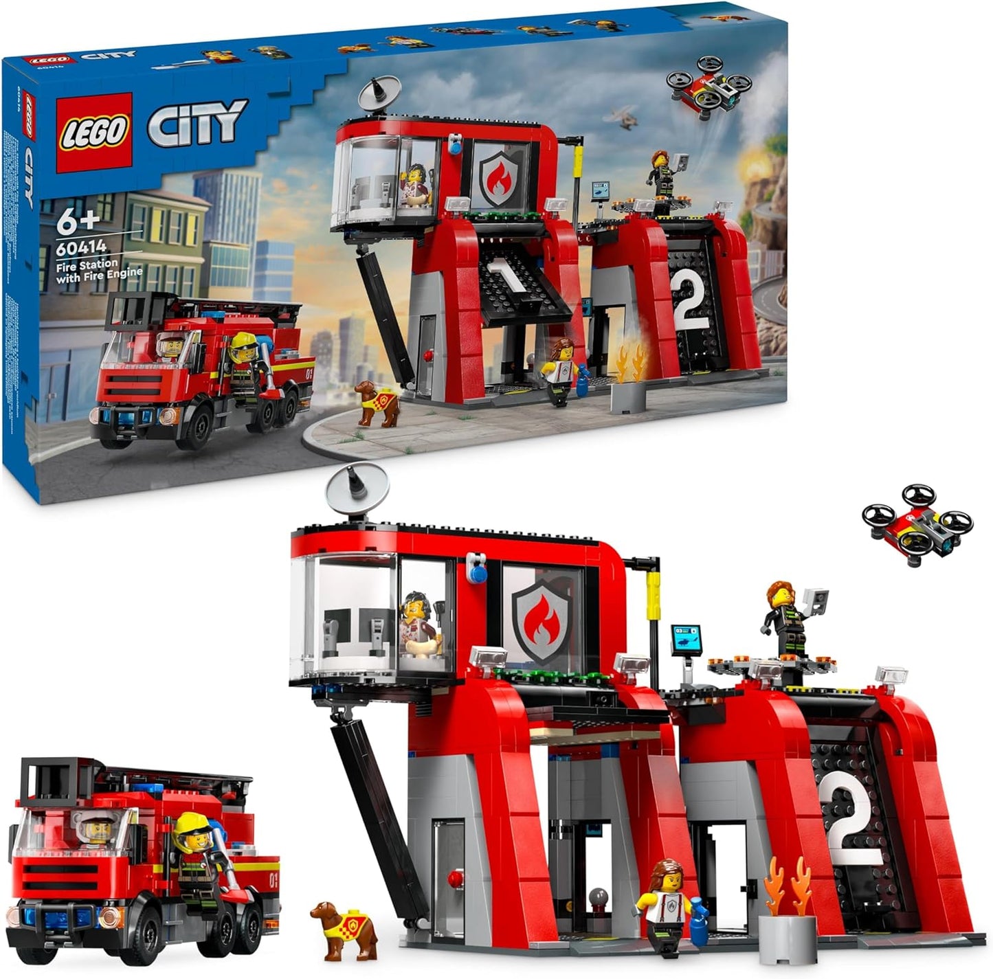 LEGO City Feuerwehrstation mit Drehleiterfahrzeug, Feuerwehr-Spielzeug mit Feuerwache und Feuerwehrauto, Geburtstagsgeschenk für Kinder ab 6 Jahren, Set mit Hund und 5 Minifiguren 60414