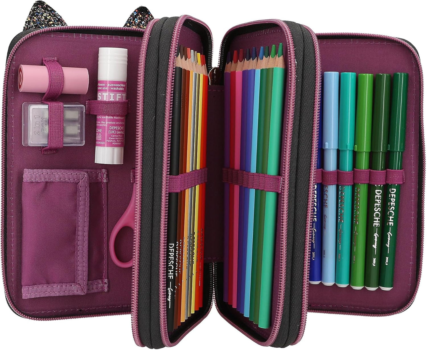 Depesche 13020 TOPModel Rebel Kitty - Filled 3-Compartment Pencil Case with Leo Fur in Purple/Black and Cat Ears, Pencil Case with Colouring Pencils, Ruler, Scissors and Much More