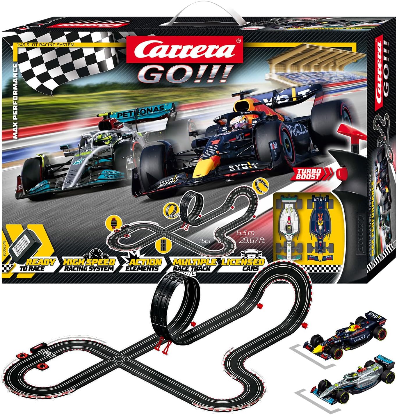 Carrera Go!!! Max Performance | Formula 1 Race Track Set | Max Verstappen vs Louis Hamilton | 2 Slot Cars Including 2 Hand Regulators with Turbo Button | Includes Looping, Crossing, Fly-Over and Lap