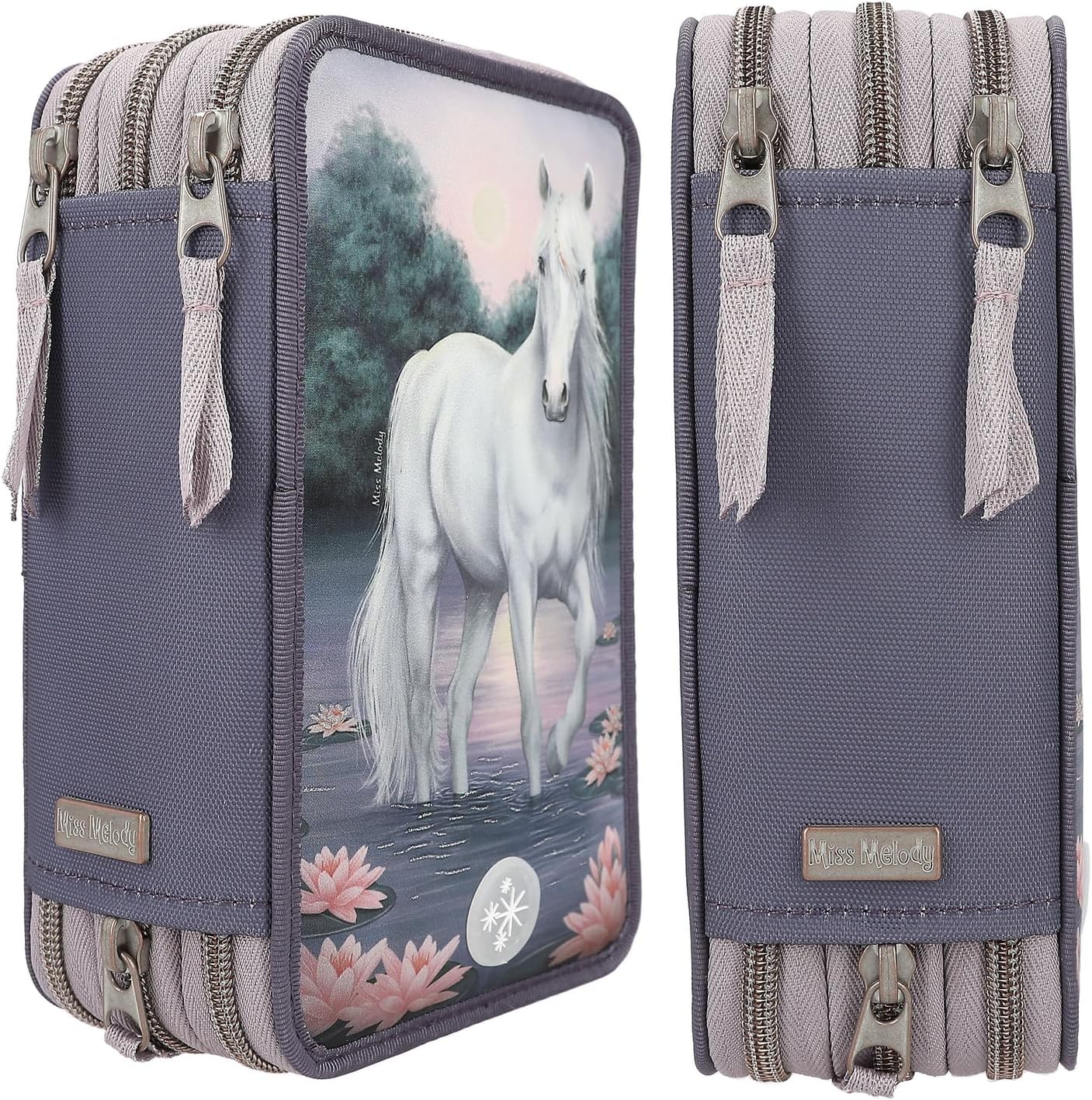 Depesche 12947 Miss Melody - Filled 3-Compartment Pencil Case in Purple, with LED, Water Lilies and Horse Motif, Pencil Case with Colouring Pencils, Ruler, Scissors and much more