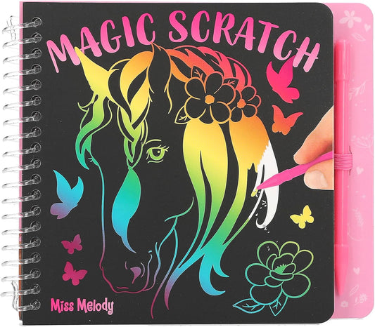 Depesche 12734 Miss Melody Mini Magic Scratch Book with Cute Horse Motifs for Scratching, Book with Colourful Gradient and Scratch Pen