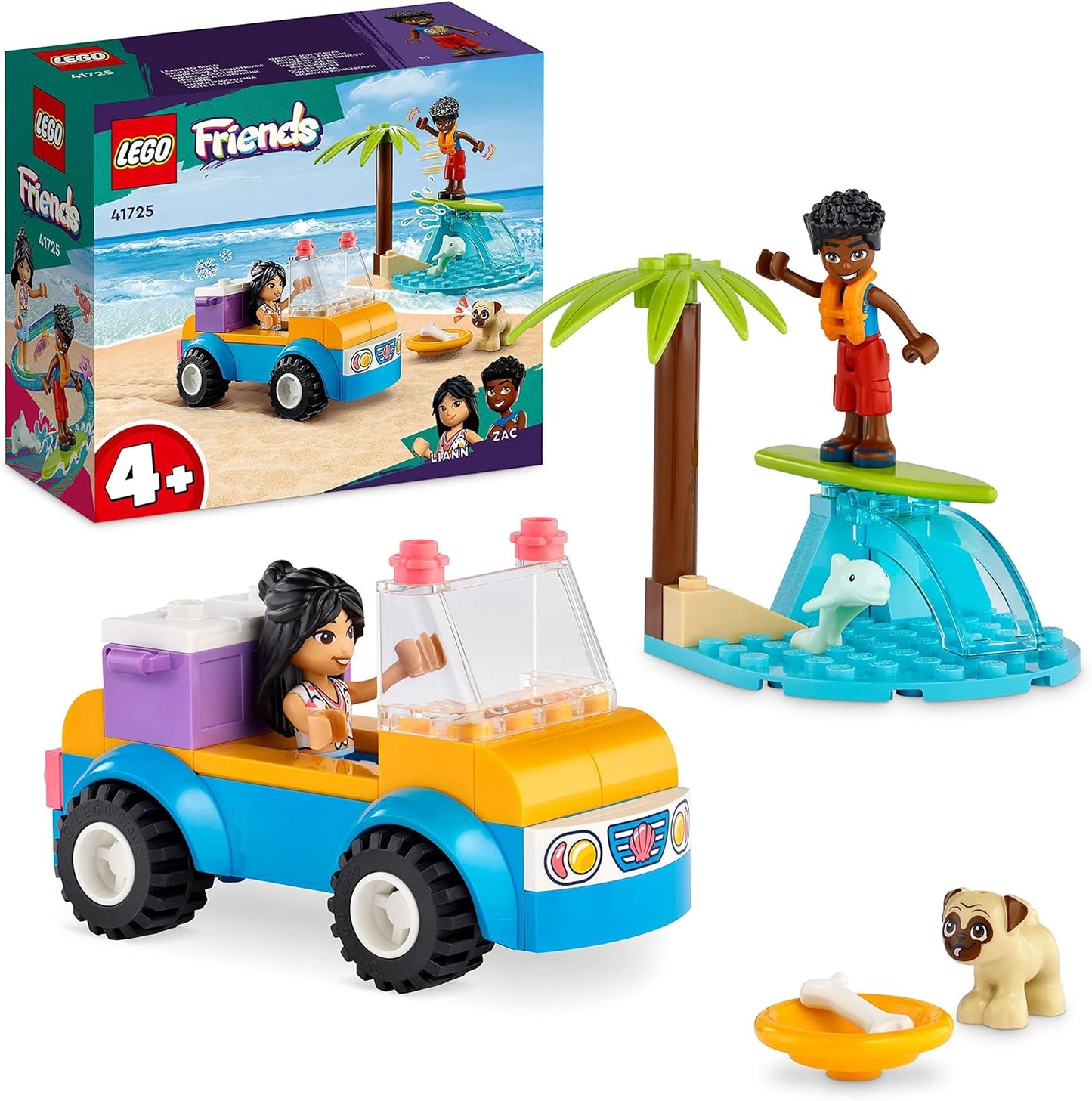 LEGO Friends 41725 Beach Buggy Fun Set with Toy Car, Surfboard, Mini Dolls and Dolphin and Dog Animal Figures, Summer Playset for Children, Girls and Boys from 4 Years