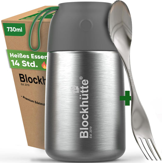 Blockhütte Insulated Stainless Steel Thermal Container, 530 ml - 730 ml, with Brush & Spork, Thermal Lunch Box for Adults & Children, Thermal Mug, Baby Porridge & Cereal