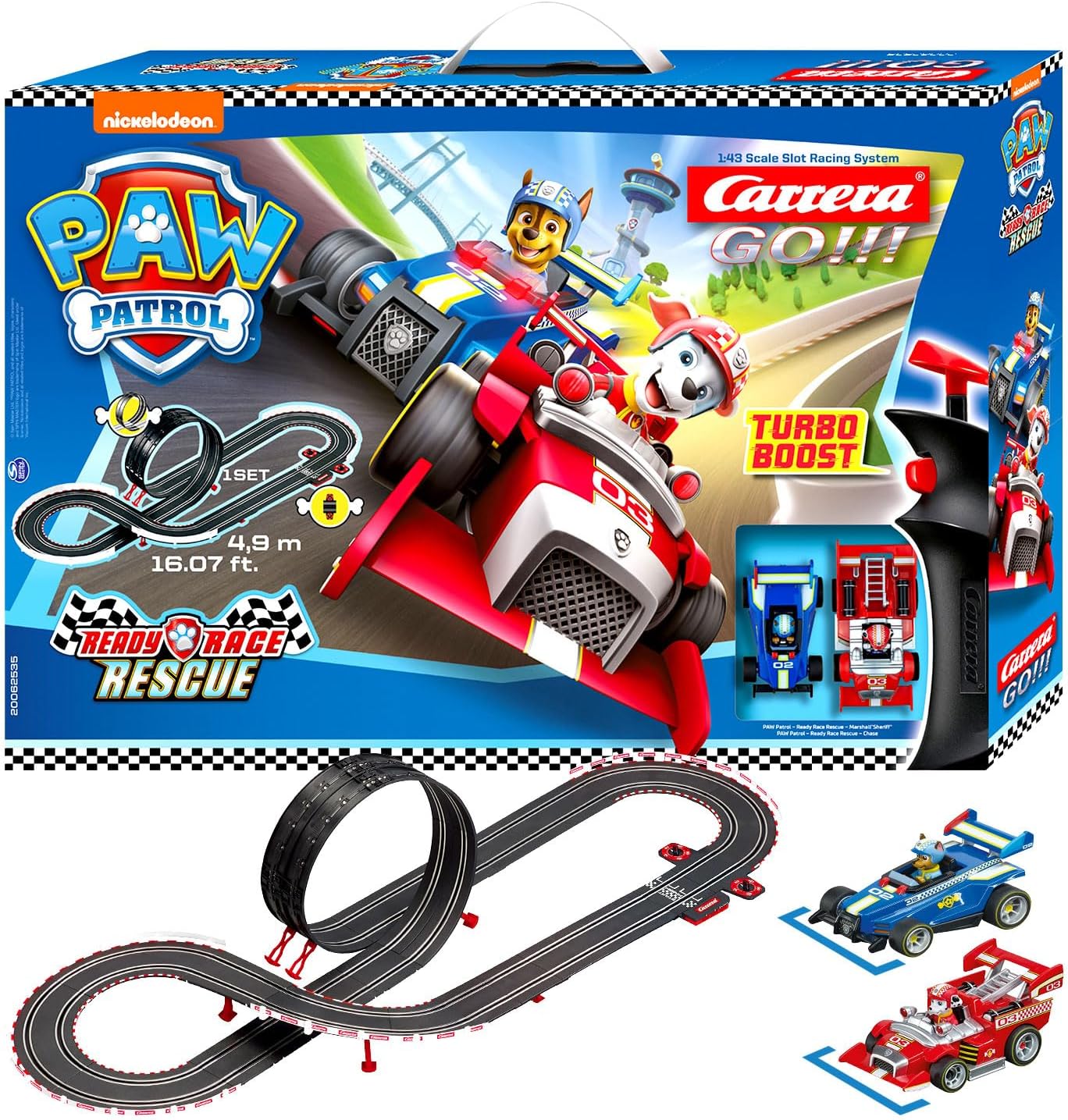 Carrera GO!!! Paw Patrol Ready Race Rescue Set | 2 Slot Cars including 2 Hand Regulators with Turbo Button | Includes Chase and Marshall | 4.9 m Track Length with Looping and Lap Counter | Scale 1:43