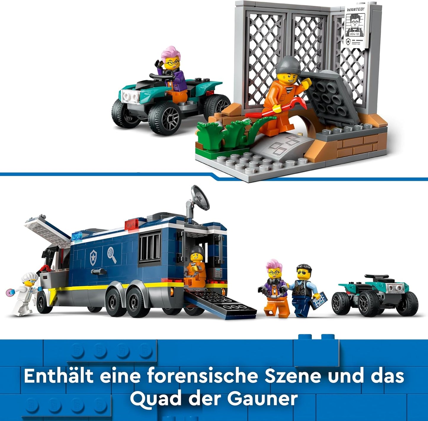 LEGO City Police Print with Laboratory, Police Set with Quad and Truck Toy for Children, Gift for Boys and Girls from 7 Years, Plus 5 Mini Figures - 2 Police Officers, 1 Scientist and 2 Crooks 60418