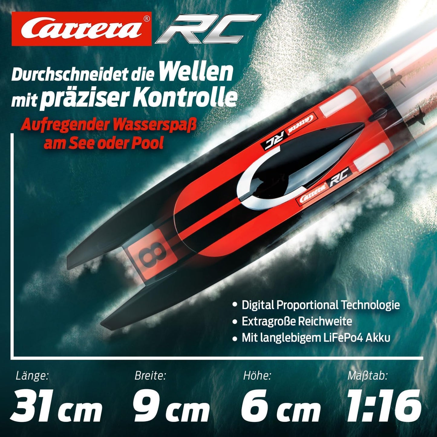 Carrera RC 2.4 GHz Race Catamaran, Remote Controlled Boat, Up to 10 km/h, 31 cm Length, Racing Boat for Water Fun at the Lake and Pool, Digital Proportional Technology, Driving Time 20 Minutes, from 8