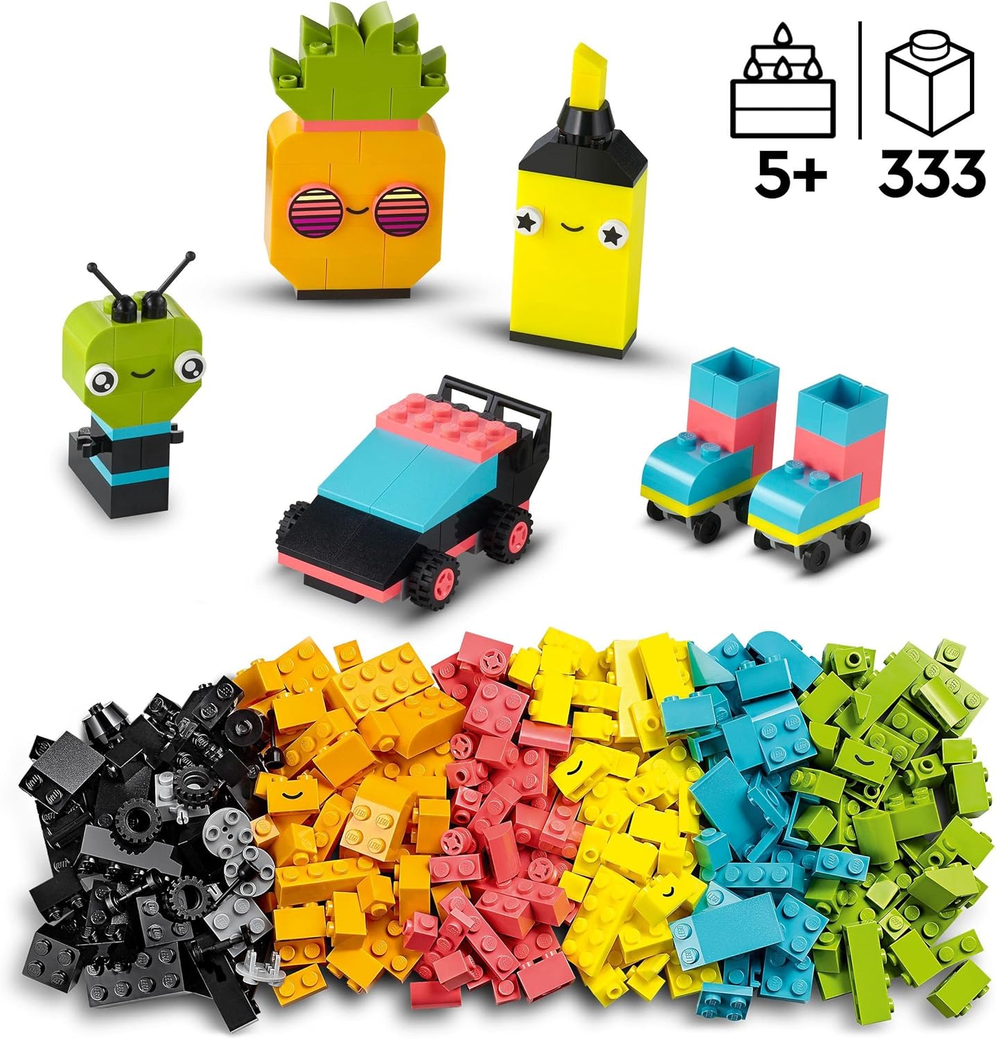 LEGO 11027 Classic Neon Creative Building Set, Building Blocks Box Set, Construction Toy with Models; Car, Pineapple, Alien, Roller Skates, Figures and More, for Children from 5 Years