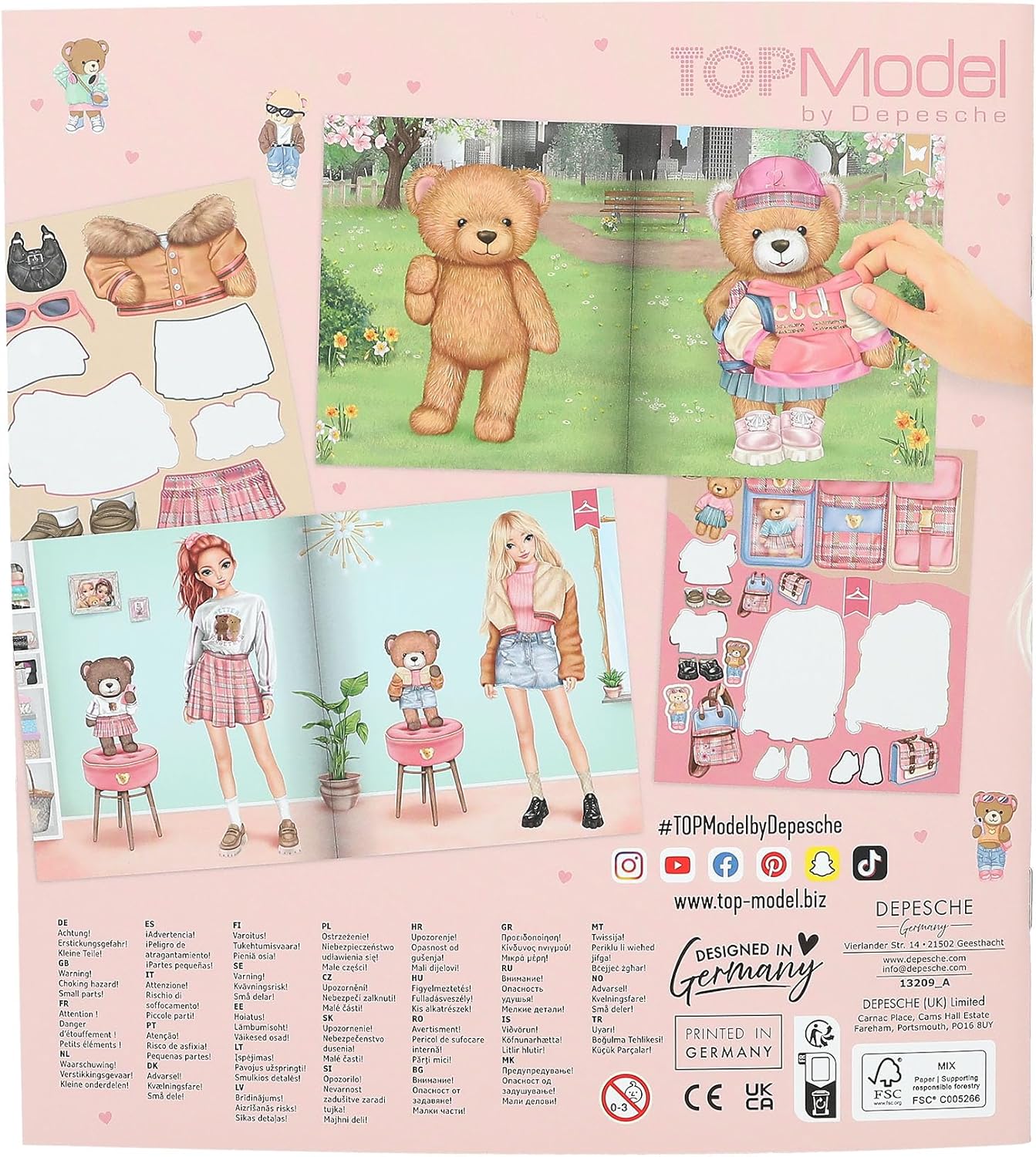 Depesche TOPModel Team Teddy 13209 Sticker Book with 20 Illustrated Background Pages to Design Yourself, Includes 3 Double Page Stickers