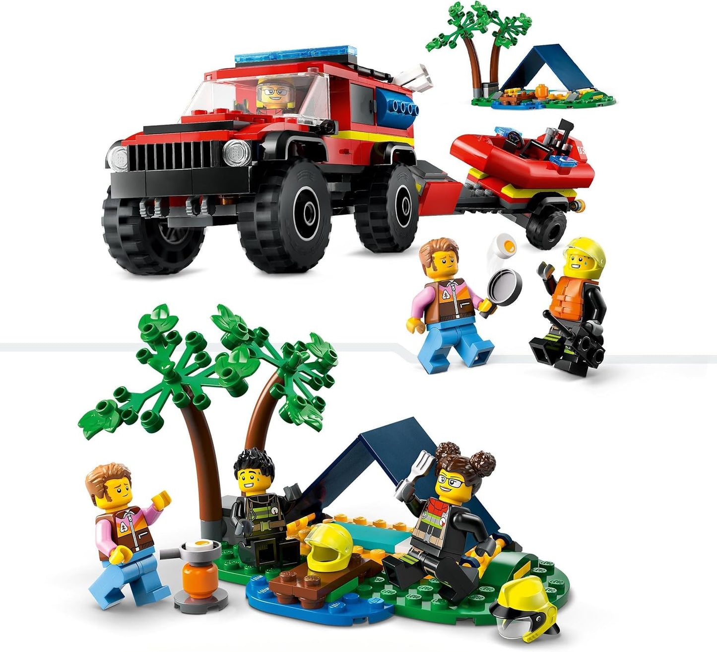 LEGO 60412 City Fire Terrain Vehicle with Lifeboat, Off-Road Car Toy for Children from 5 Years, Ambulance with Inflatable Boat, Trailer, Tent and 3 Mini Figures, Gift for Boys and Girls