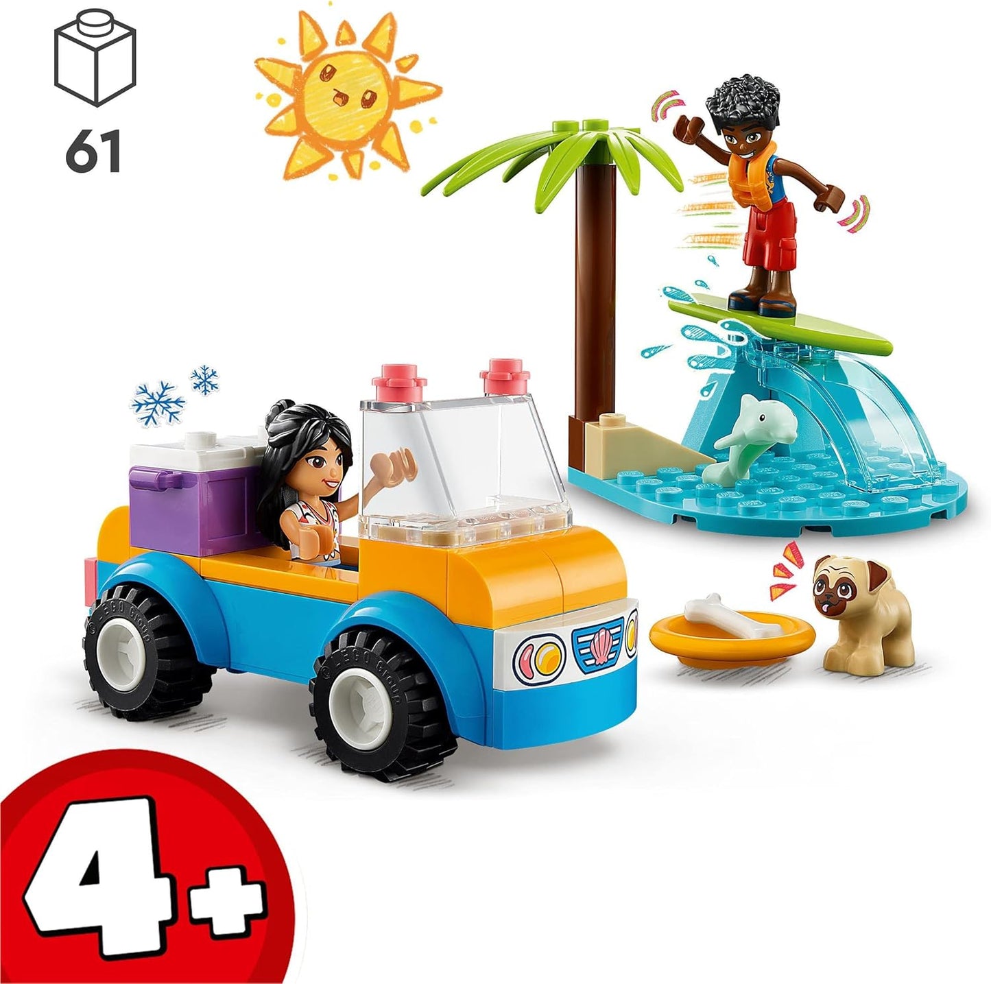 LEGO Friends 41725 Beach Buggy Fun Set with Toy Car, Surfboard, Mini Dolls and Dolphin and Dog Animal Figures, Summer Playset for Children, Girls and Boys from 4 Years