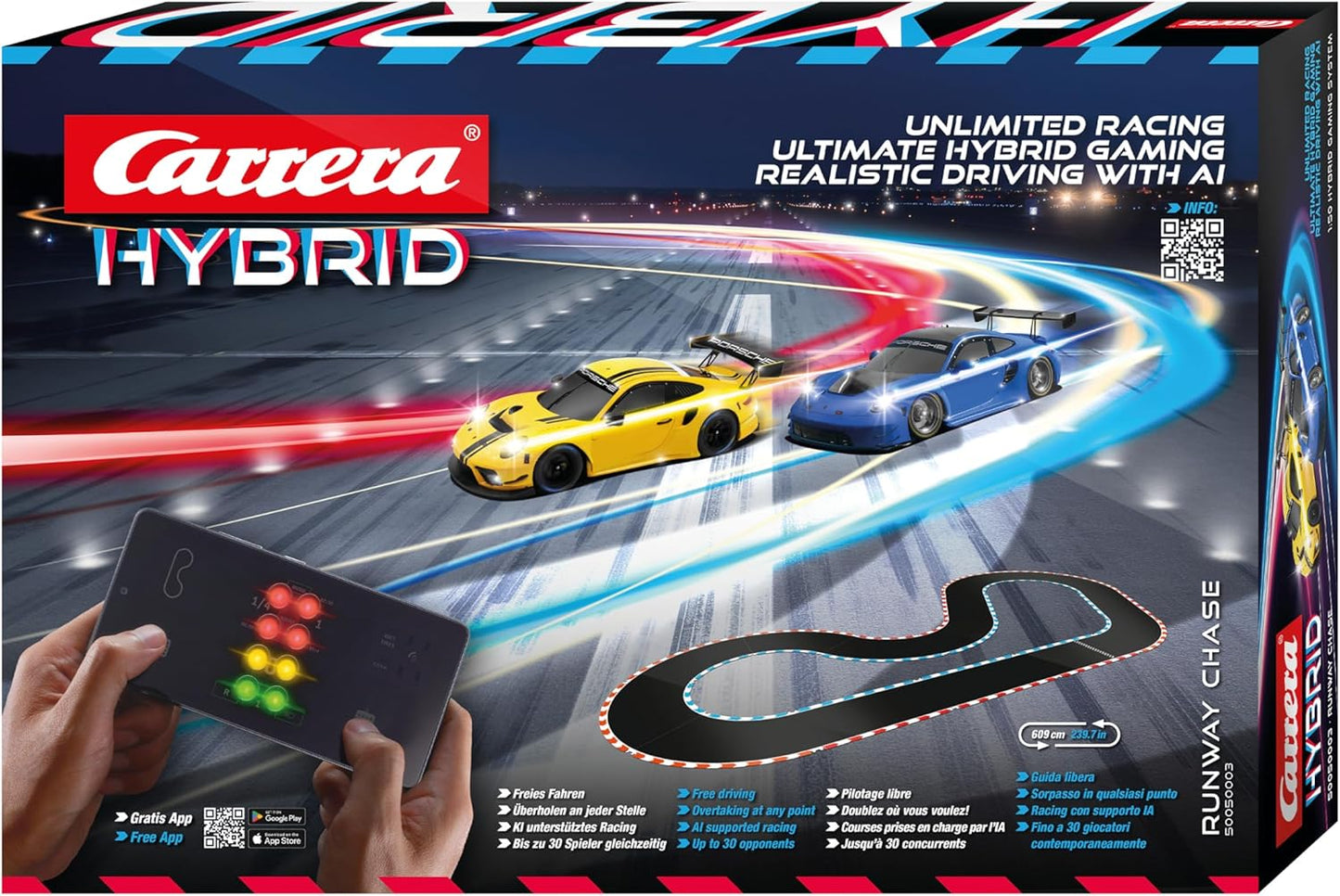 Carrera Hybrid Runway Chase - Racing Fun of the New Generation - Legendary Porsche 911 GT3 R in 1:50 Scale - Hybrid Technology with AI Support - Control via Smartphone App - Amazon Exclusive