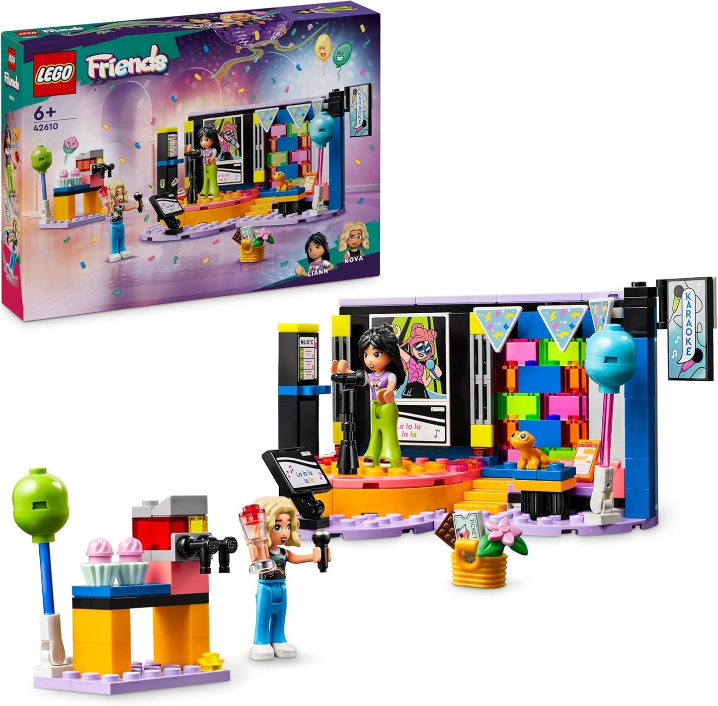 LEGO Friends Karaoke-Party, Musik-Spielzeug für Mädchen und Jungen ab 6 Jahren, die gern singen, Mini-Puppen-Set mit den Figuren Liann und Nova sowie einem Gecko, Geschenk für Kinder 42610