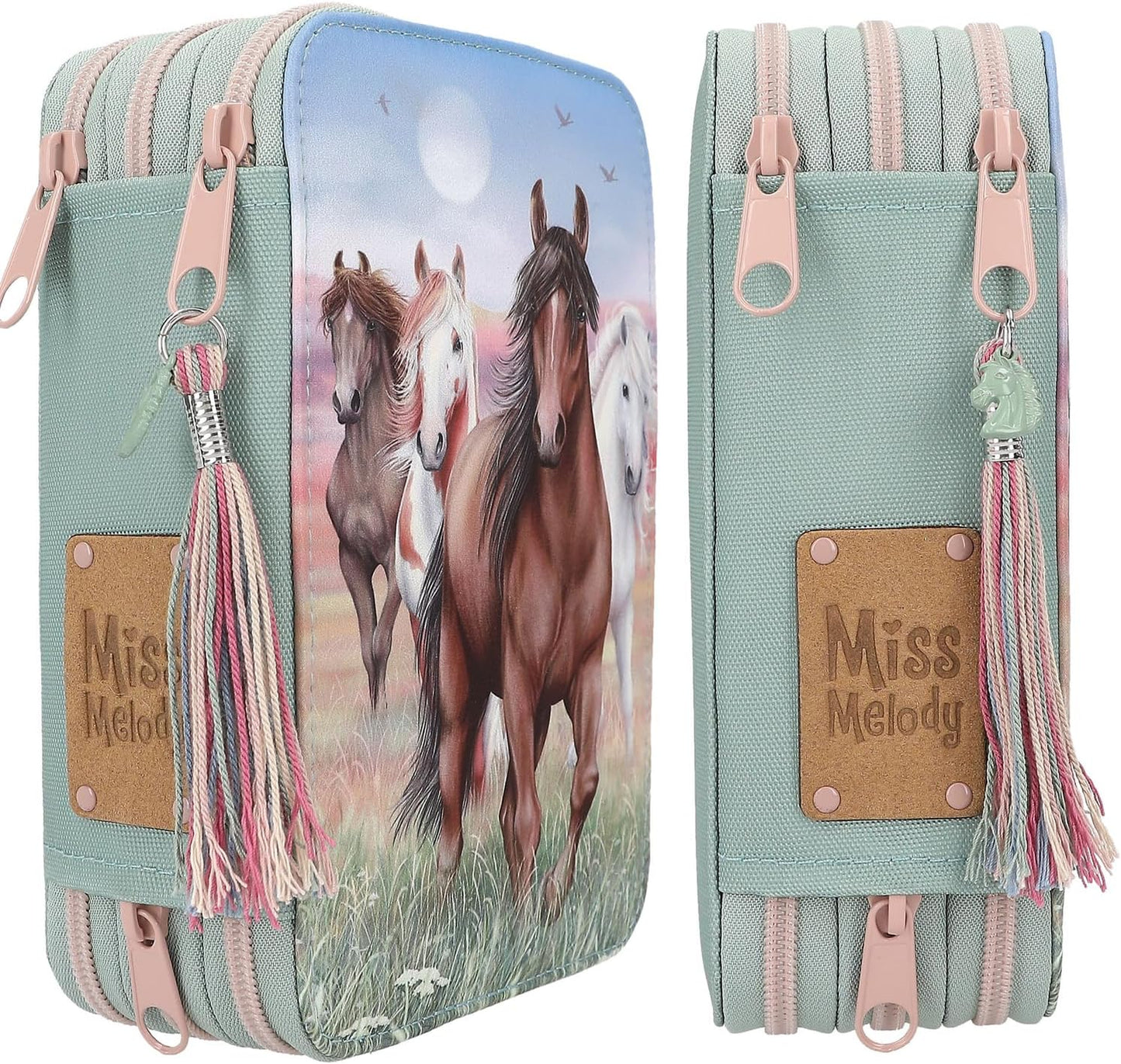 Depesche 13121 Miss Melody Hoof Clatter - Filled 3-Compartment Pencil Case in Pale Green with Horse Motif, Pencil Case with Colouring Pencils, Ruler, Scissors and Much More